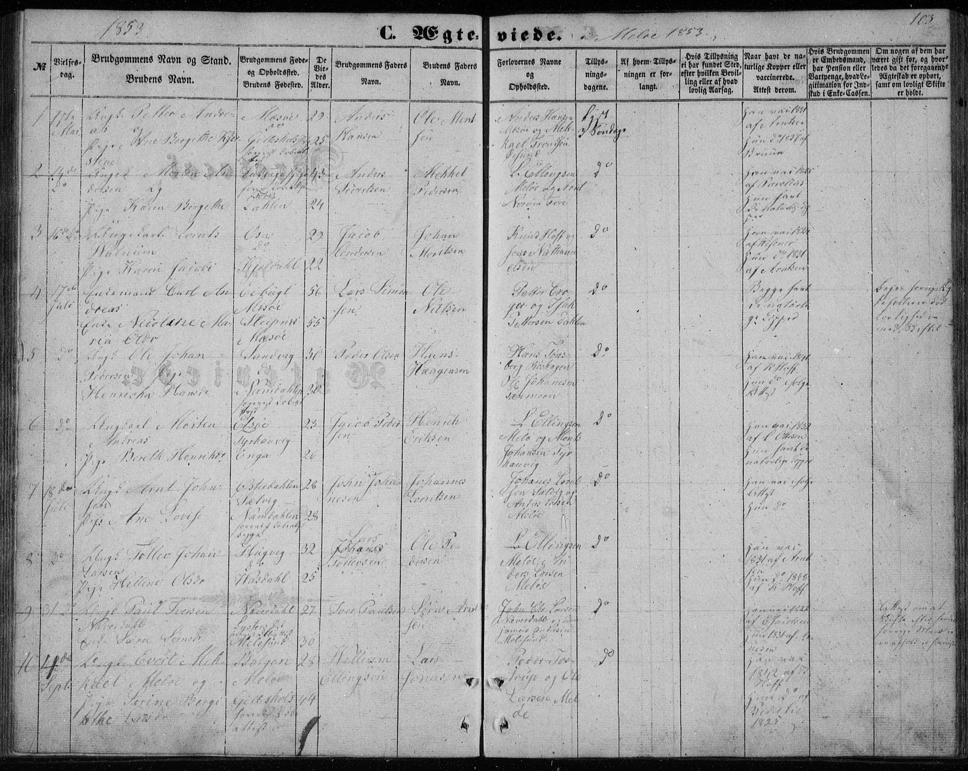 Ministerialprotokoller, klokkerbøker og fødselsregistre - Nordland, AV/SAT-A-1459/843/L0633: Parish register (copy) no. 843C02, 1853-1873, p. 103