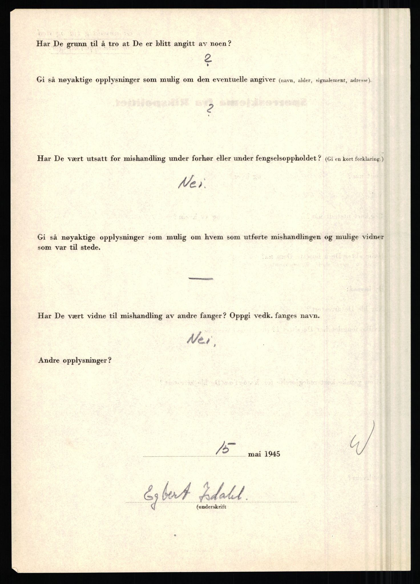 Rikspolitisjefen, AV/RA-S-1560/L/L0007: Heen, Erik C. - Iversen, Trygve, 1940-1945, p. 1216