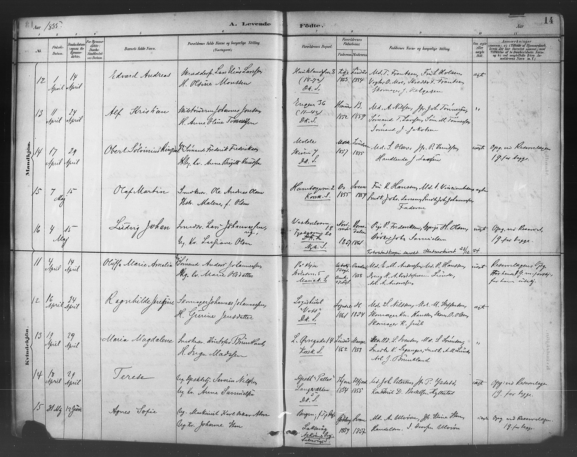 Fødselsstiftelsens sokneprestembete*, SAB/-: Parish register (official) no. A 2, 1884-1900, p. 14