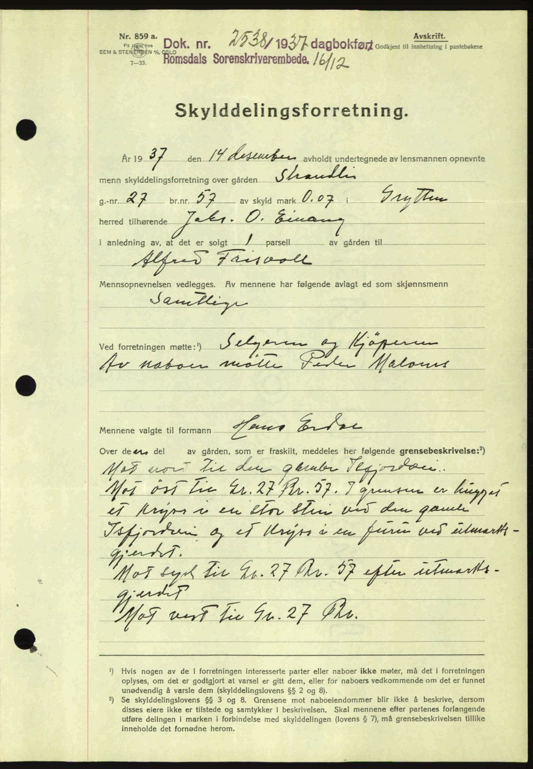 Romsdal sorenskriveri, AV/SAT-A-4149/1/2/2C: Mortgage book no. A4, 1937-1938, Diary no: : 2538/1937