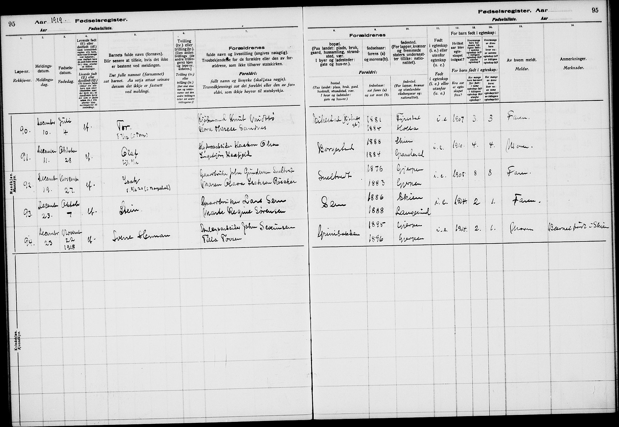 Gjerpen kirkebøker, AV/SAKO-A-265/J/Ja/L0001: Birth register no. I 1, 1916-1926, p. 95