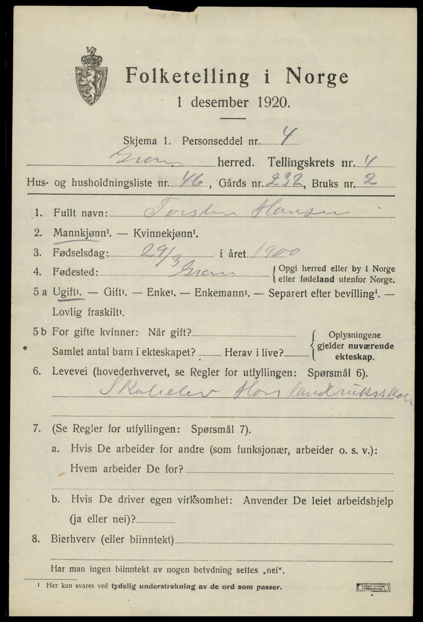 SAH, 1920 census for Gran, 1920, p. 6932