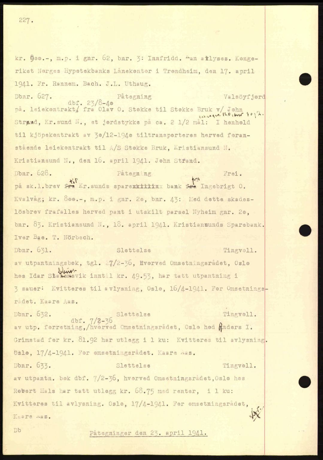 Nordmøre sorenskriveri, AV/SAT-A-4132/1/2/2Ca: Mortgage book no. C81, 1940-1945, Diary no: : 627/1941