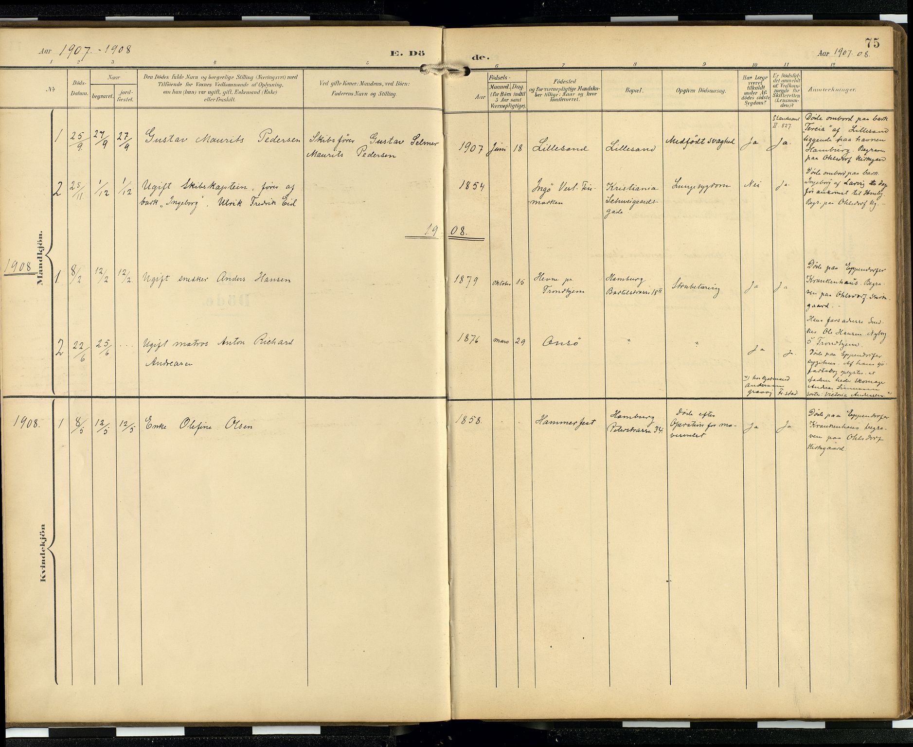 Den norske sjømannsmisjon i utlandet/Hamburg, AV/SAB-SAB/PA-0107/H/Ha/L0001: Parish register (official) no. A 1, 1907-1951, p. 74b-75a