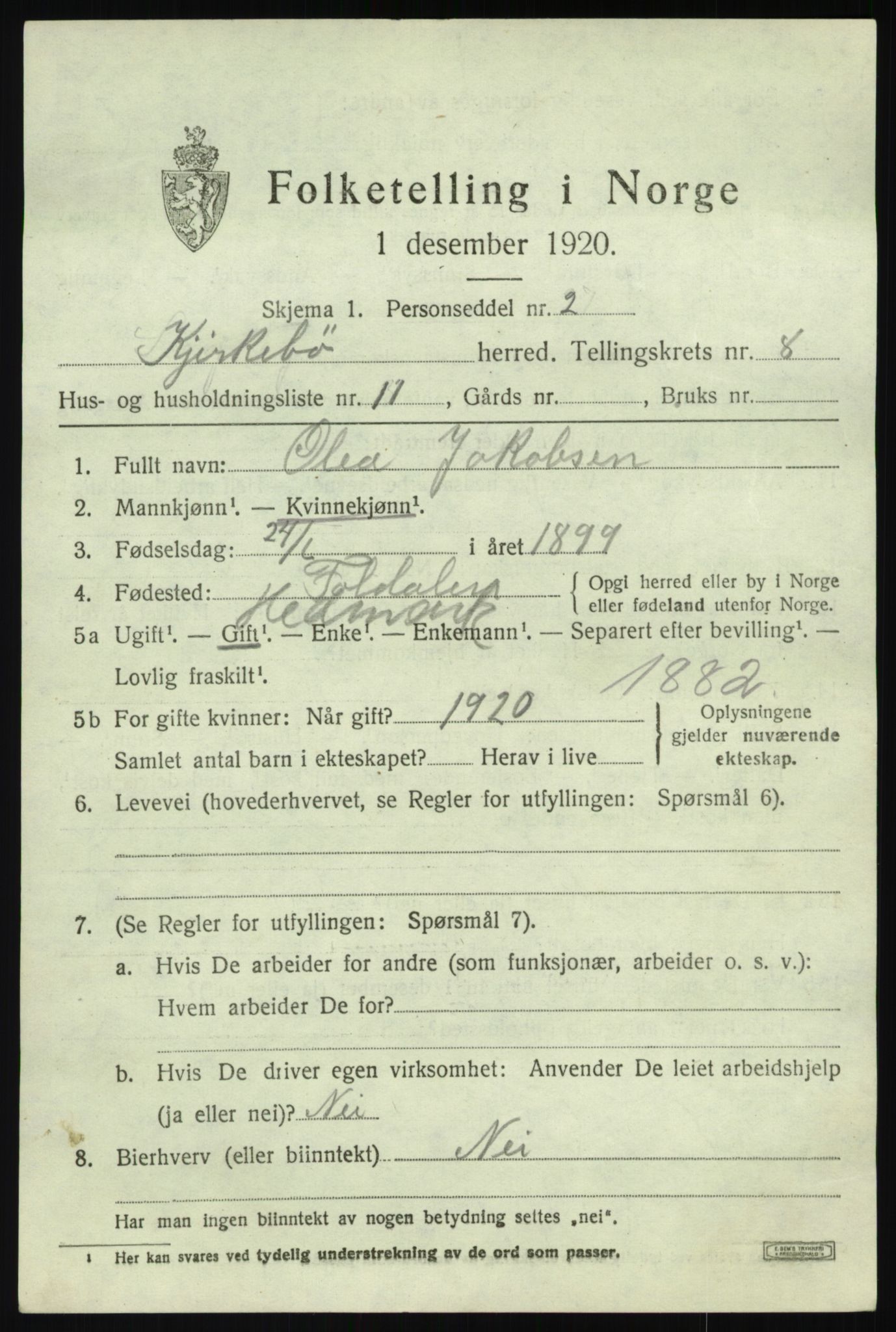 SAB, 1920 census for Kyrkjebø, 1920, p. 3853