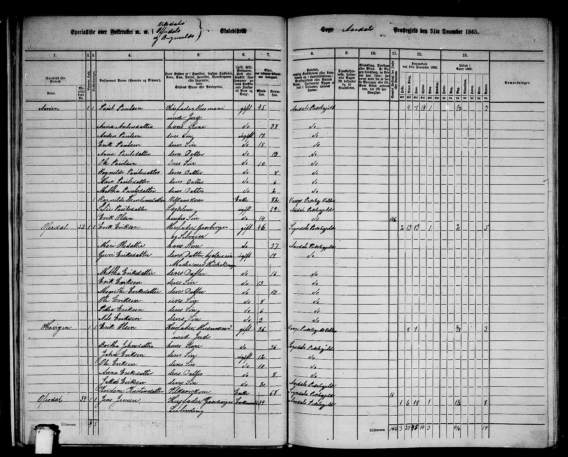 RA, 1865 census for Årdal, 1865, p. 18