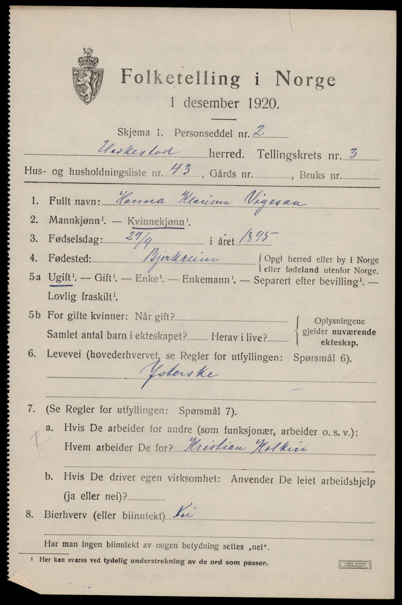 SAST, 1920 census for Heskestad, 1920, p. 1409