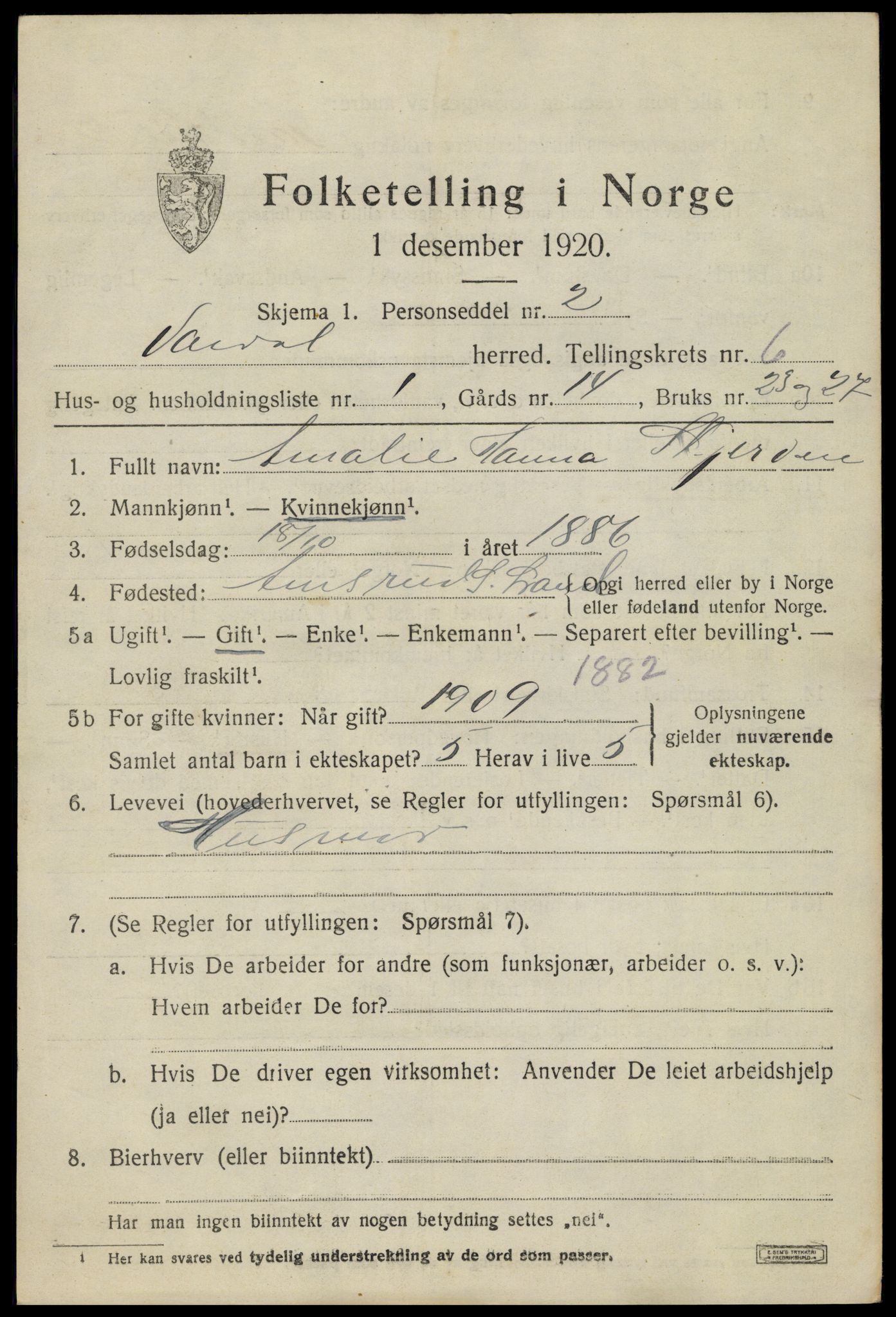 SAH, 1920 census for Vardal, 1920, p. 3865