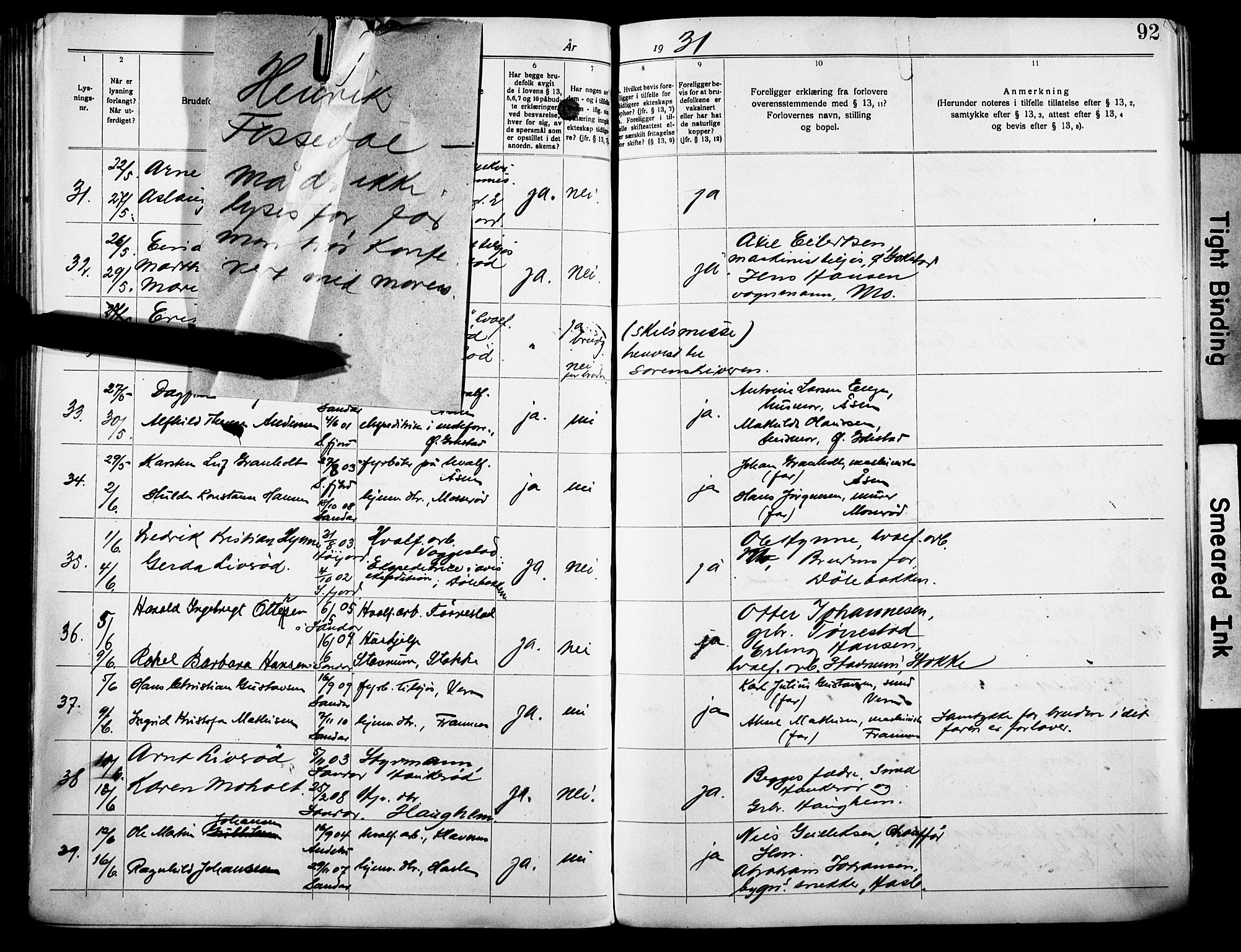 Sandar kirkebøker, AV/SAKO-A-243/H/Ha/L0005: Banns register no. 5, 1919-1931, p. 92
