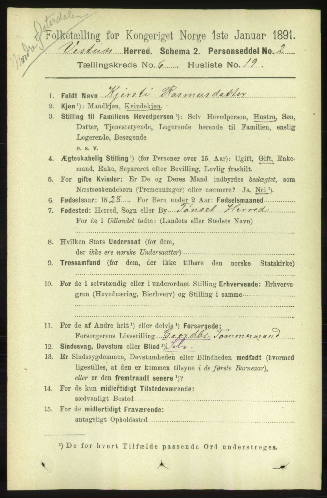 RA, 1891 census for 1535 Vestnes, 1891, p. 2283