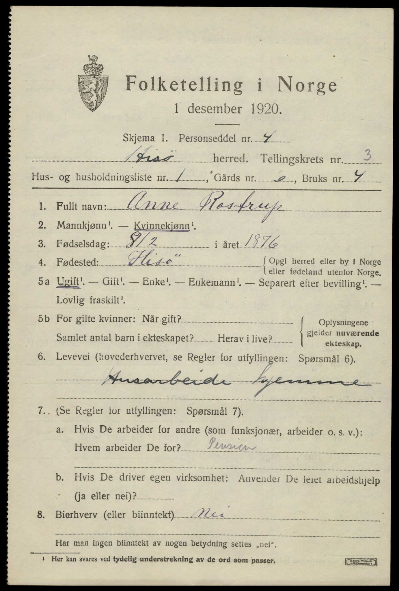 SAK, 1920 census for Hisøy, 1920, p. 3978