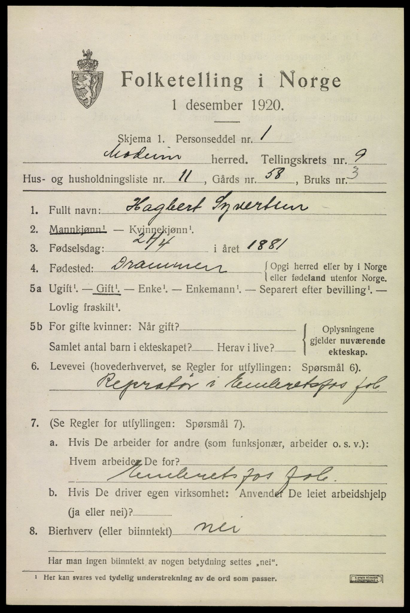 SAKO, 1920 census for Modum, 1920, p. 11895