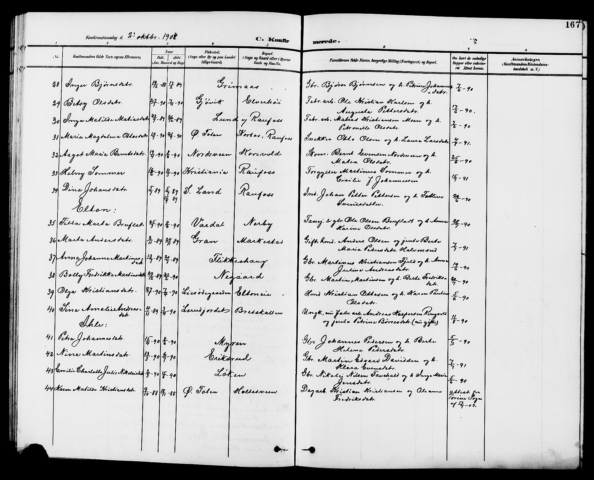 Vestre Toten prestekontor, AV/SAH-PREST-108/H/Ha/Hab/L0010: Parish register (copy) no. 10, 1900-1912, p. 167