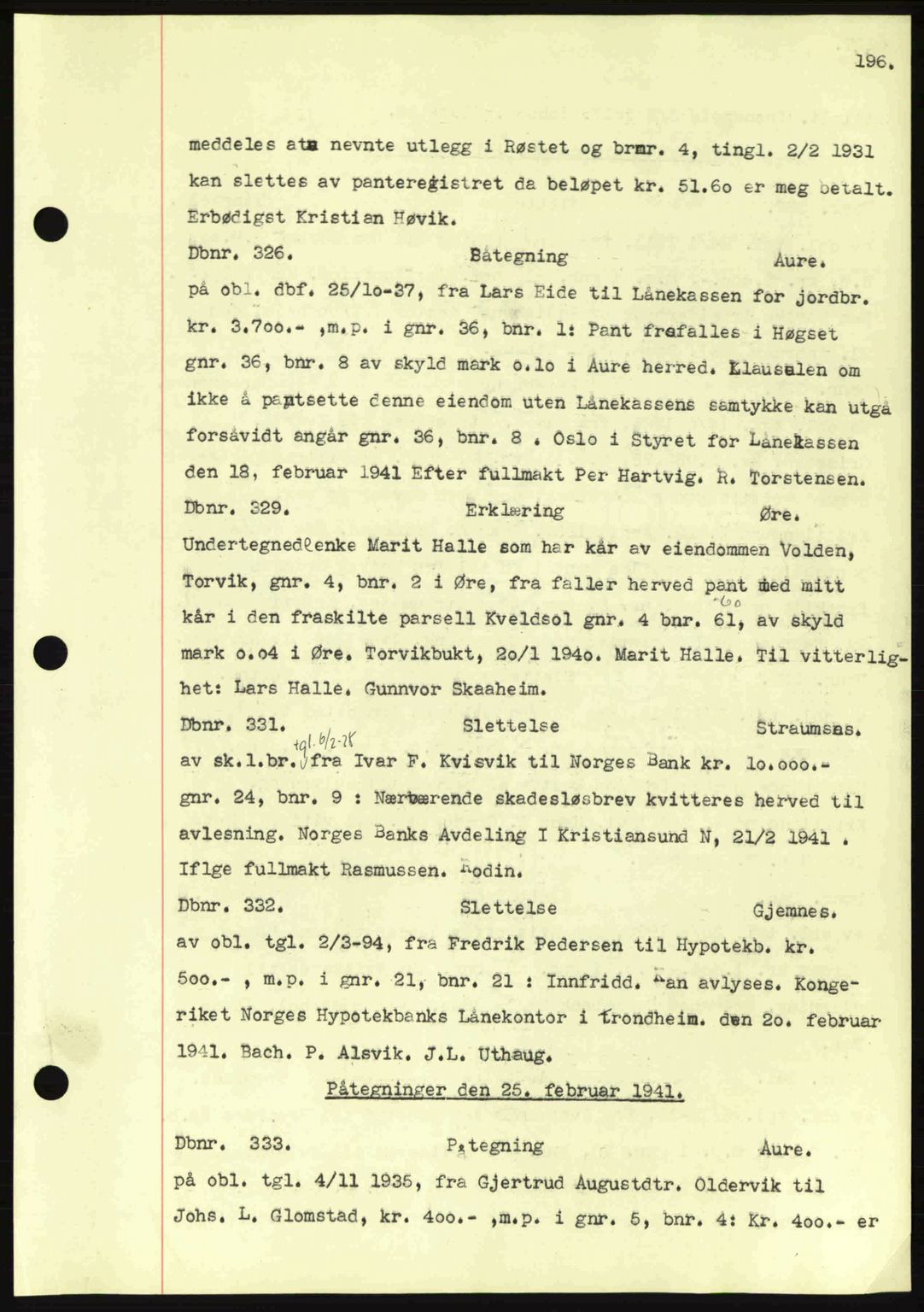 Nordmøre sorenskriveri, AV/SAT-A-4132/1/2/2Ca: Mortgage book no. C81, 1940-1945, Diary no: : 326/1941