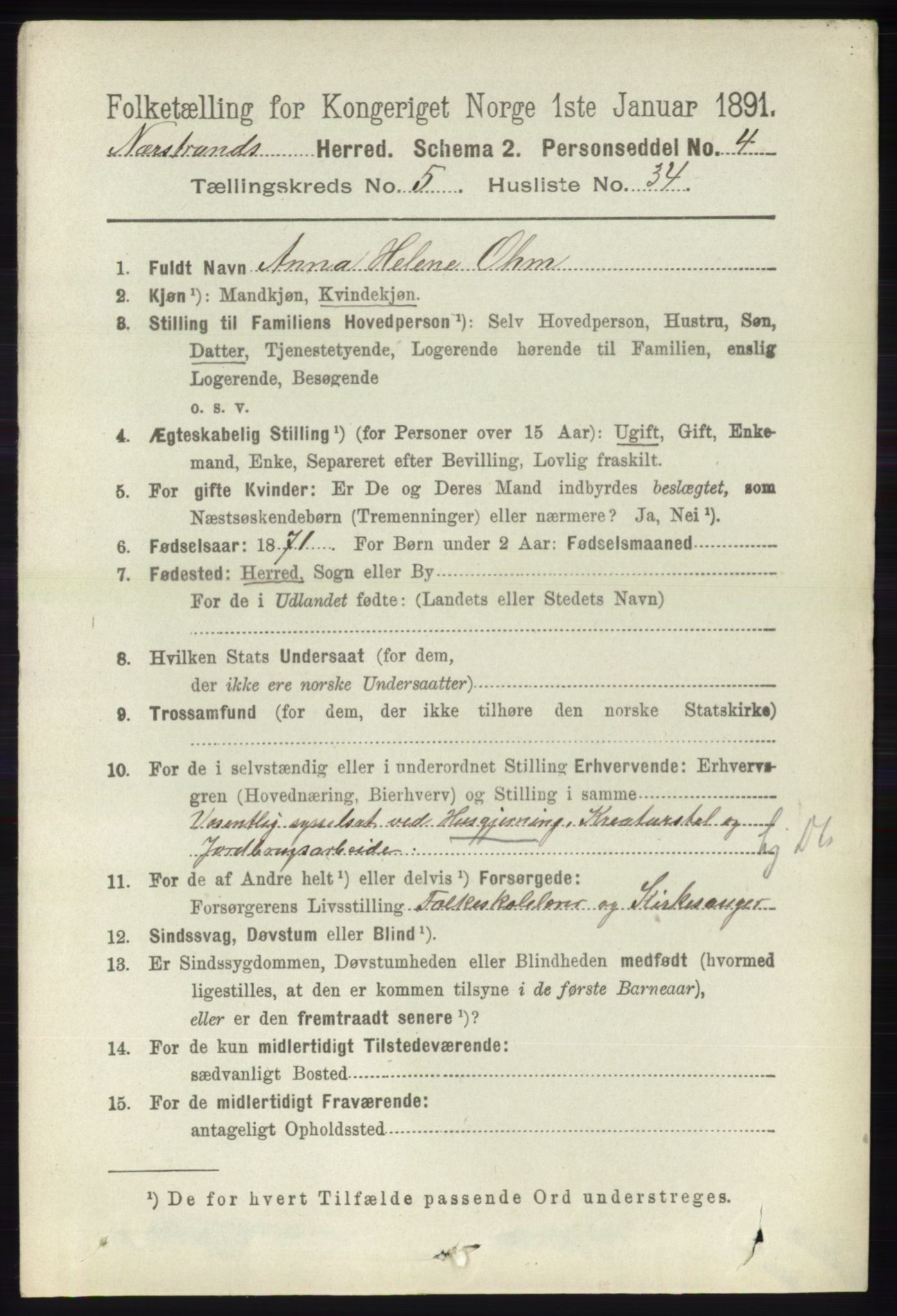 RA, 1891 census for 1139 Nedstrand, 1891, p. 995