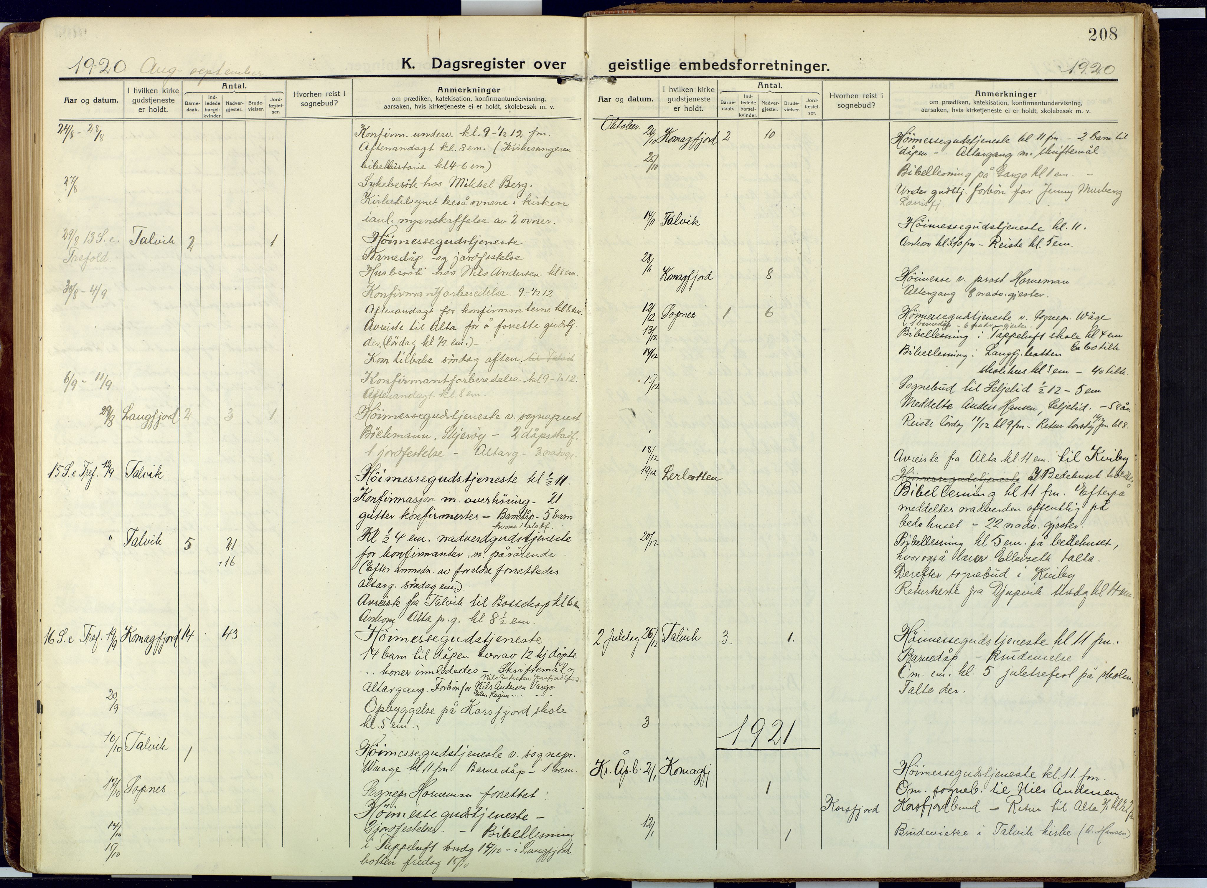 Talvik sokneprestkontor, SATØ/S-1337/H/Ha/L0018kirke: Parish register (official) no. 18, 1915-1924, p. 208