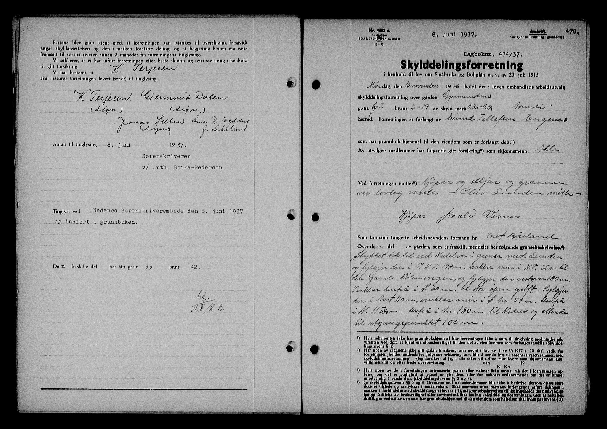 Nedenes sorenskriveri, SAK/1221-0006/G/Gb/Gba/L0043: Mortgage book no. 39, 1936-1937, Diary no: : 474/1937