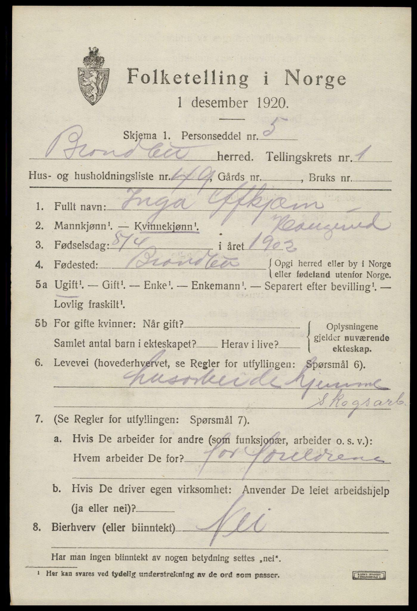 SAH, 1920 census for Brandbu, 1920, p. 2491