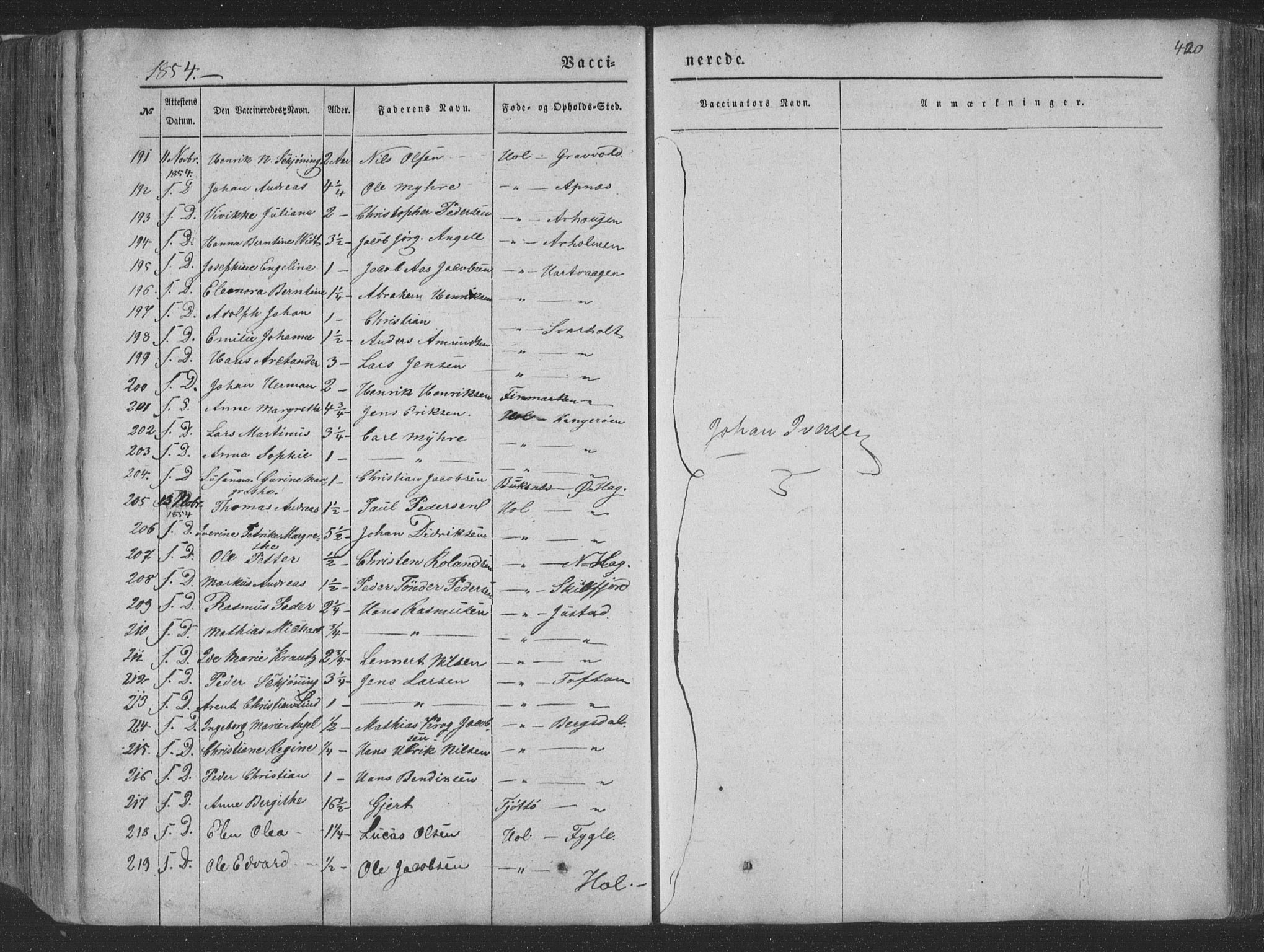 Ministerialprotokoller, klokkerbøker og fødselsregistre - Nordland, AV/SAT-A-1459/881/L1165: Parish register (copy) no. 881C02, 1854-1876, p. 420