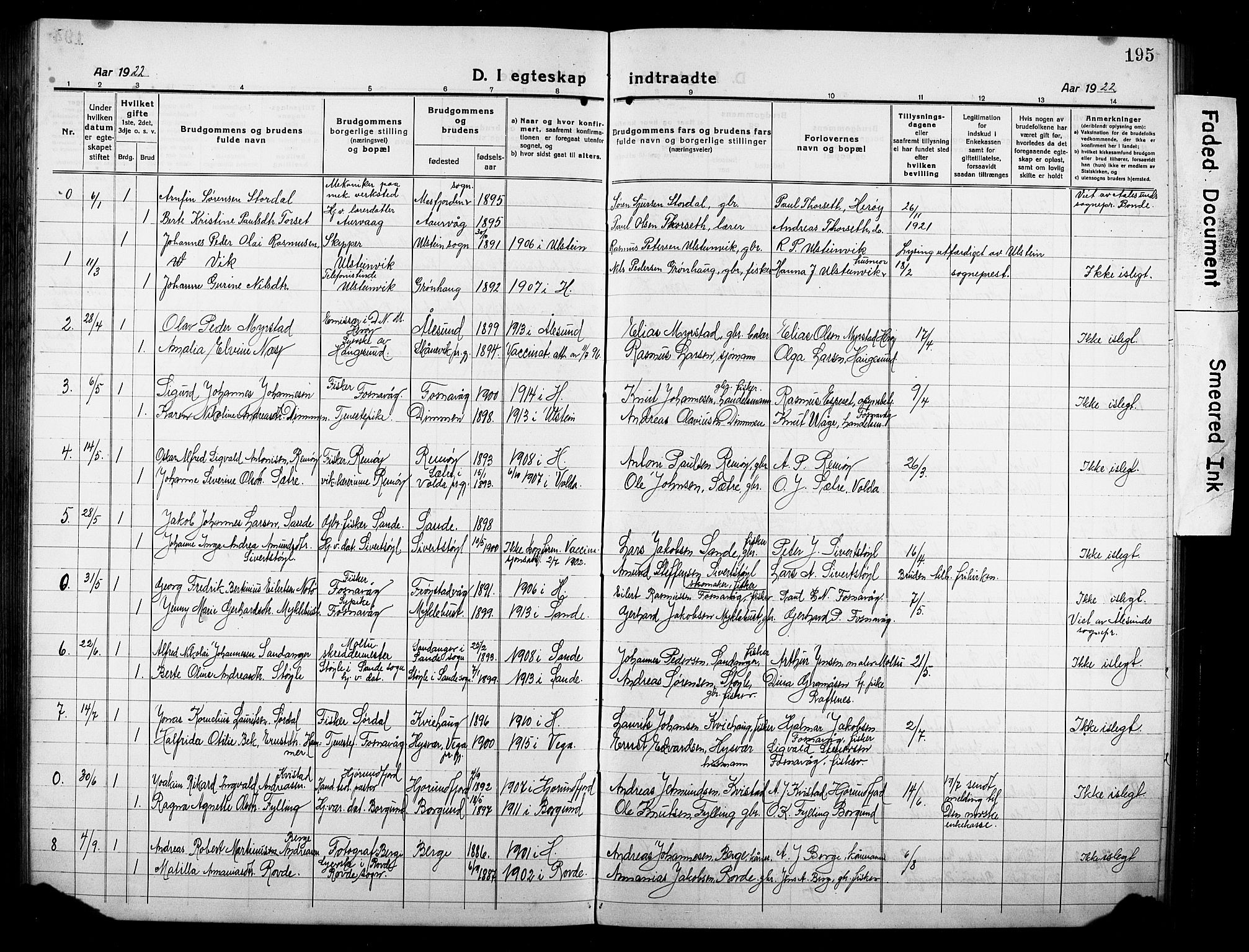 Ministerialprotokoller, klokkerbøker og fødselsregistre - Møre og Romsdal, AV/SAT-A-1454/507/L0084: Parish register (copy) no. 507C07, 1919-1932, p. 195