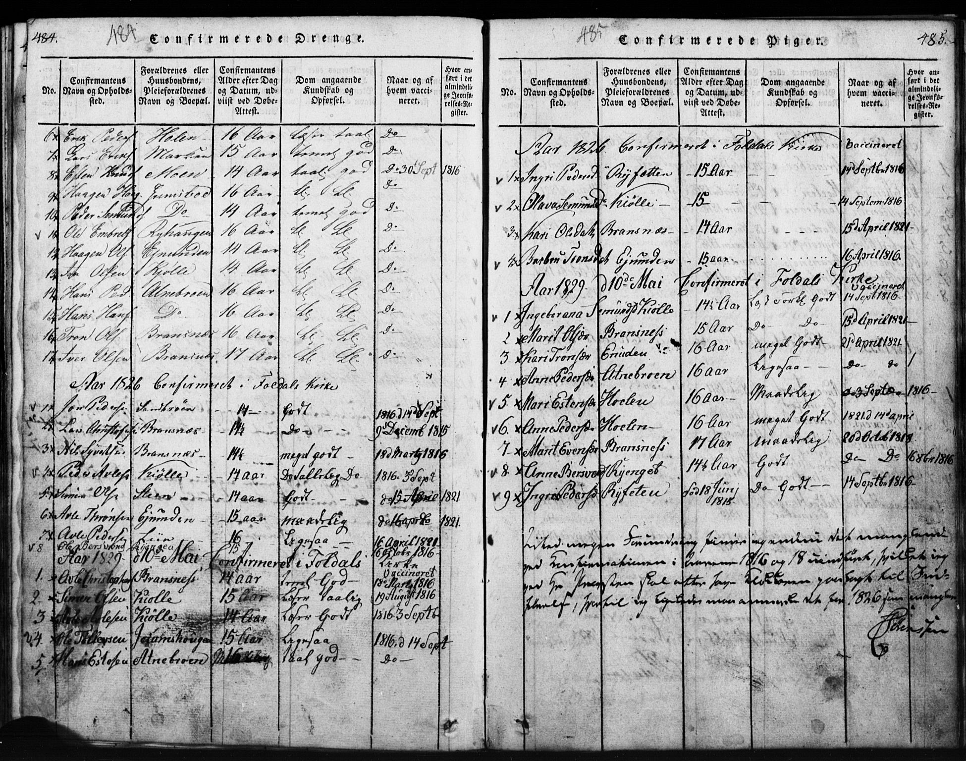 Tynset prestekontor, SAH/PREST-058/H/Ha/Hab/L0003: Parish register (copy) no. 3, 1814-1862, p. 484-485