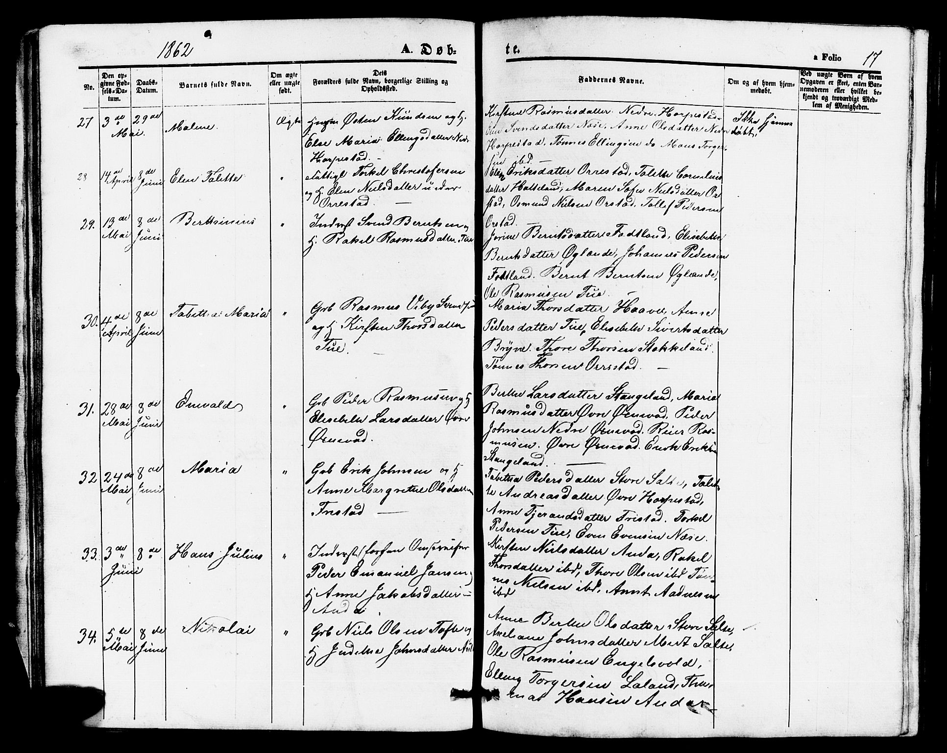 Klepp sokneprestkontor, AV/SAST-A-101803/001/3/30BB/L0002: Parish register (copy) no. B 2, 1860-1875, p. 17