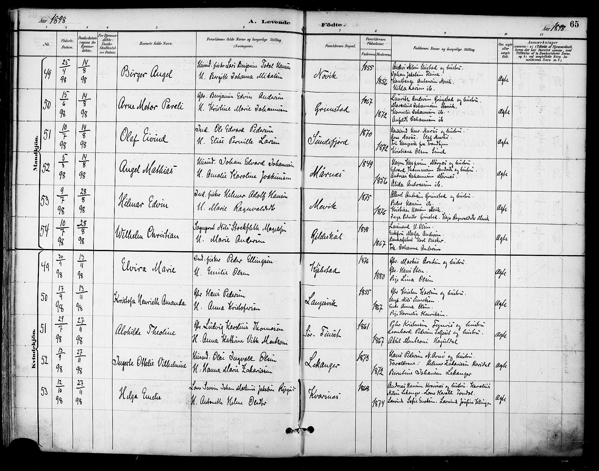 Ministerialprotokoller, klokkerbøker og fødselsregistre - Nordland, SAT/A-1459/805/L0101: Parish register (official) no. 805A07, 1892-1899, p. 65