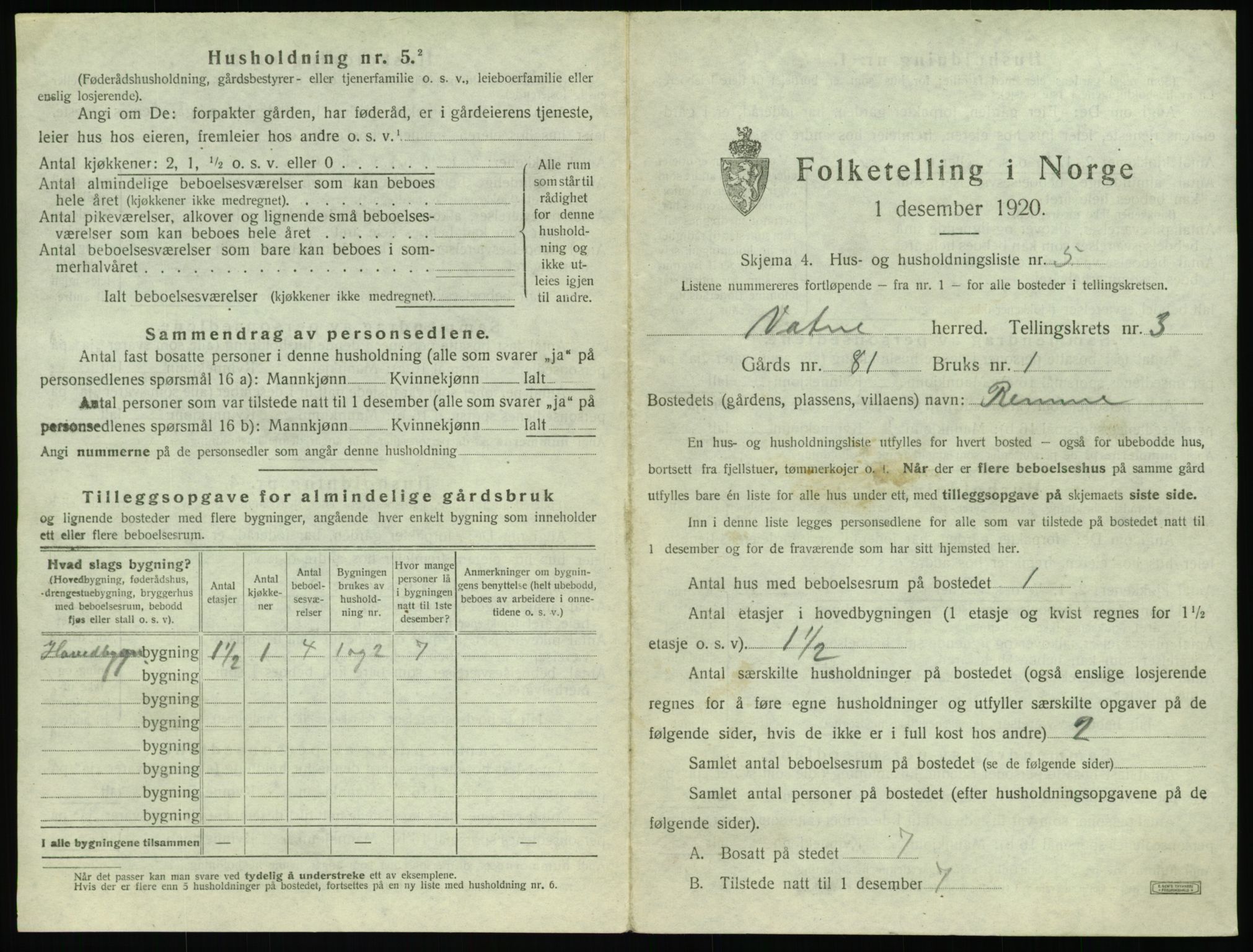 SAT, 1920 census for Vatne, 1920, p. 182