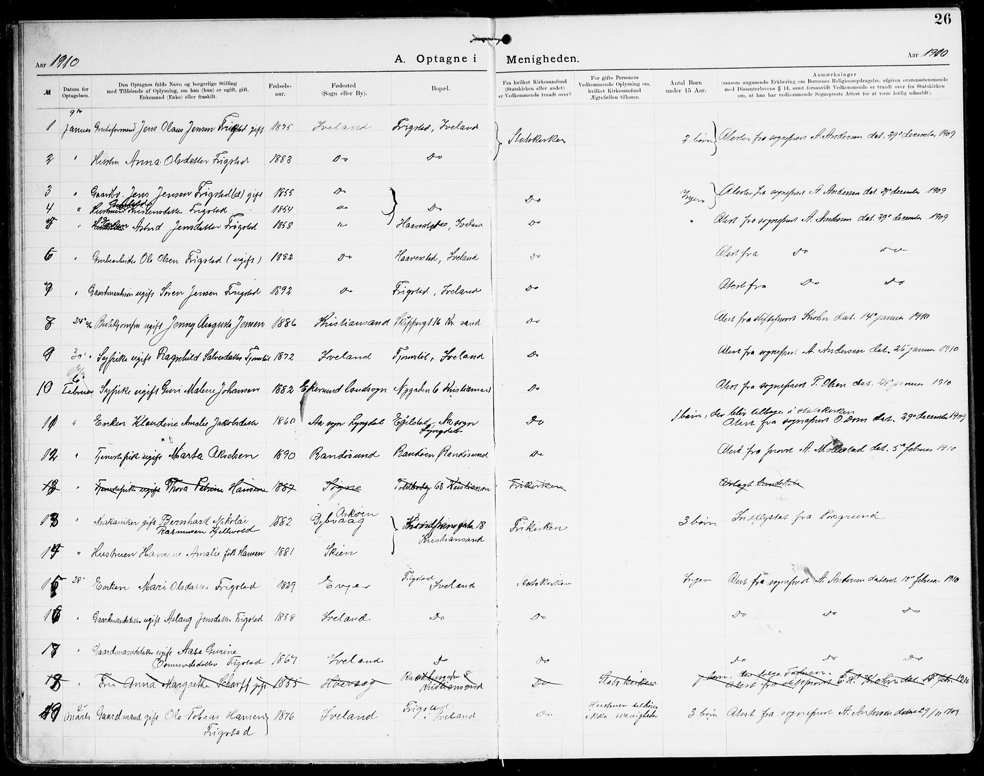 Den evangelisk-lutherske frikirke, Kristiansand, SAK/1292-0017/F/Fa/L0003: Dissenter register no. F 11, 1892-1925, p. 26