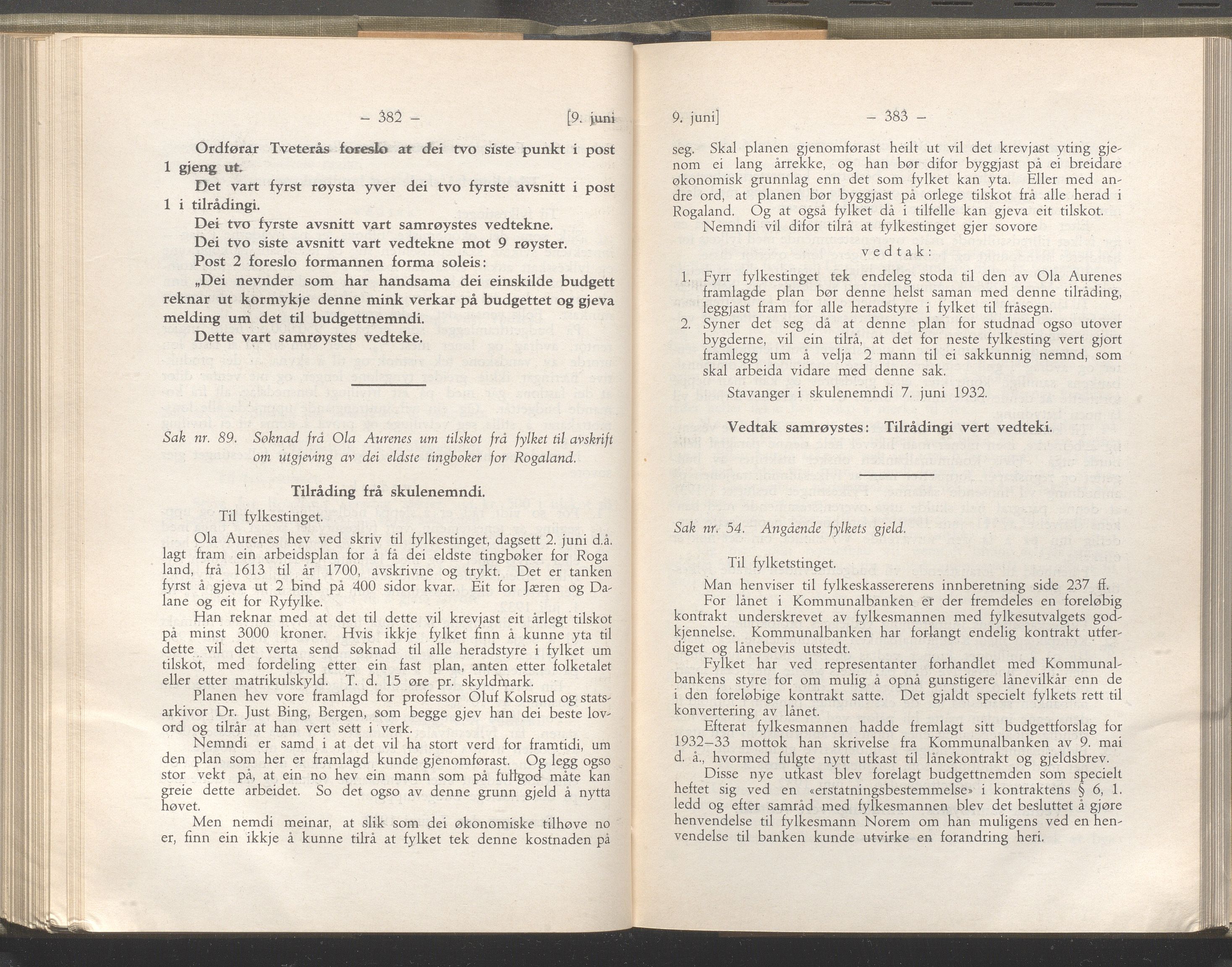 Rogaland fylkeskommune - Fylkesrådmannen , IKAR/A-900/A/Aa/Aaa/L0051: Møtebok , 1932, p. 382-383