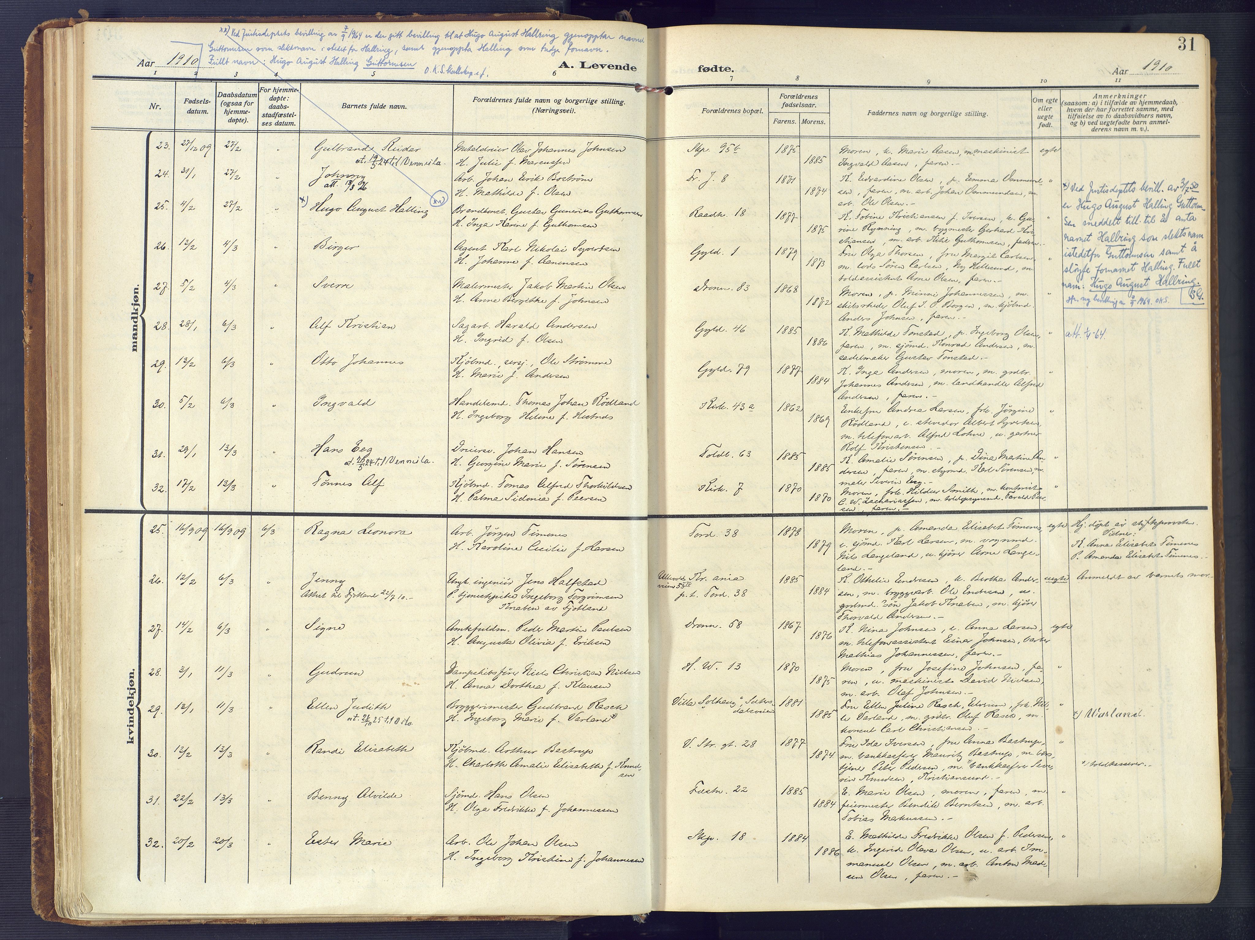 Kristiansand domprosti, AV/SAK-1112-0006/F/Fa/L0023: Parish register (official) no. A 22, 1909-1917, p. 31