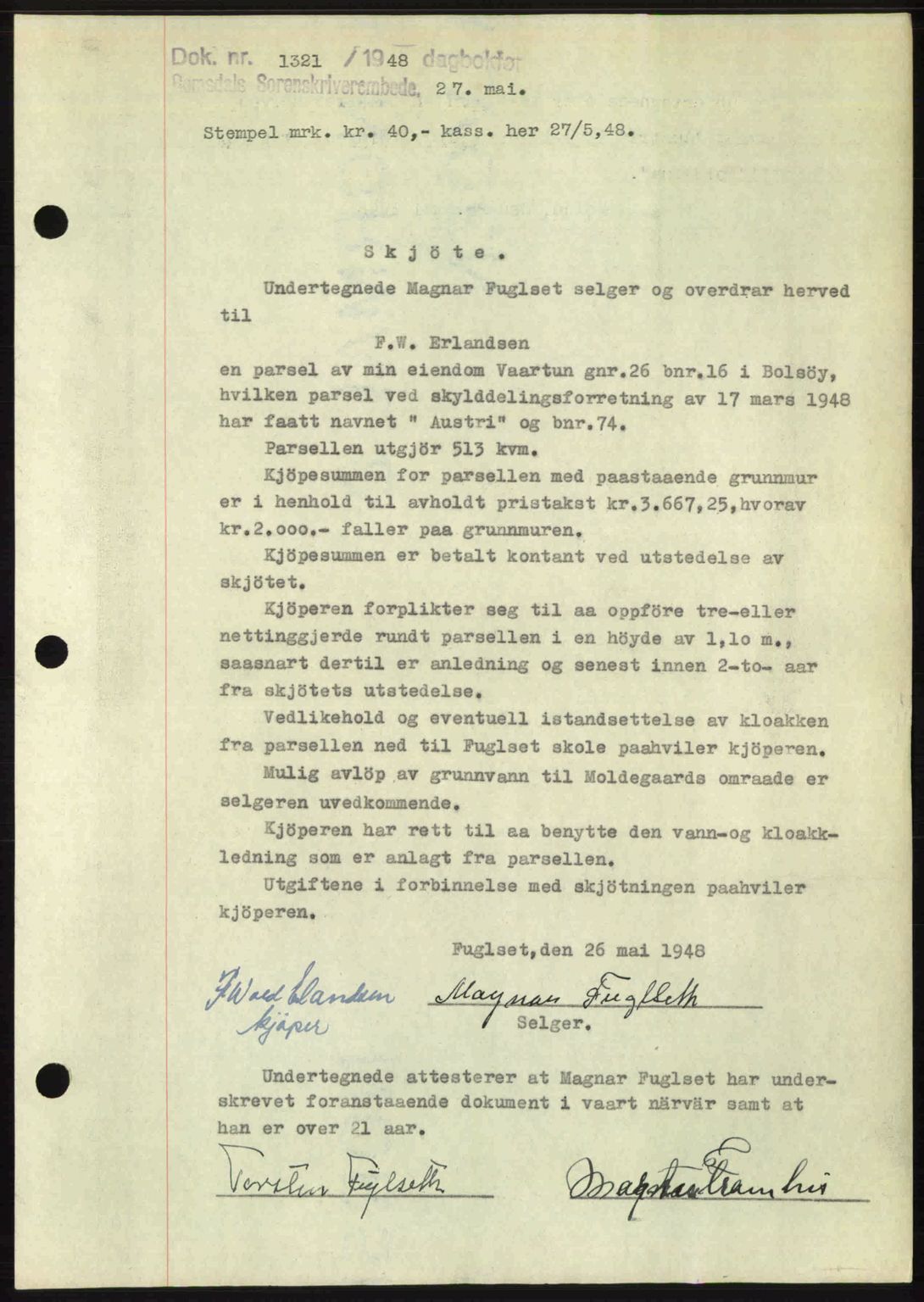 Romsdal sorenskriveri, AV/SAT-A-4149/1/2/2C: Mortgage book no. A26, 1948-1948, Diary no: : 1321/1948