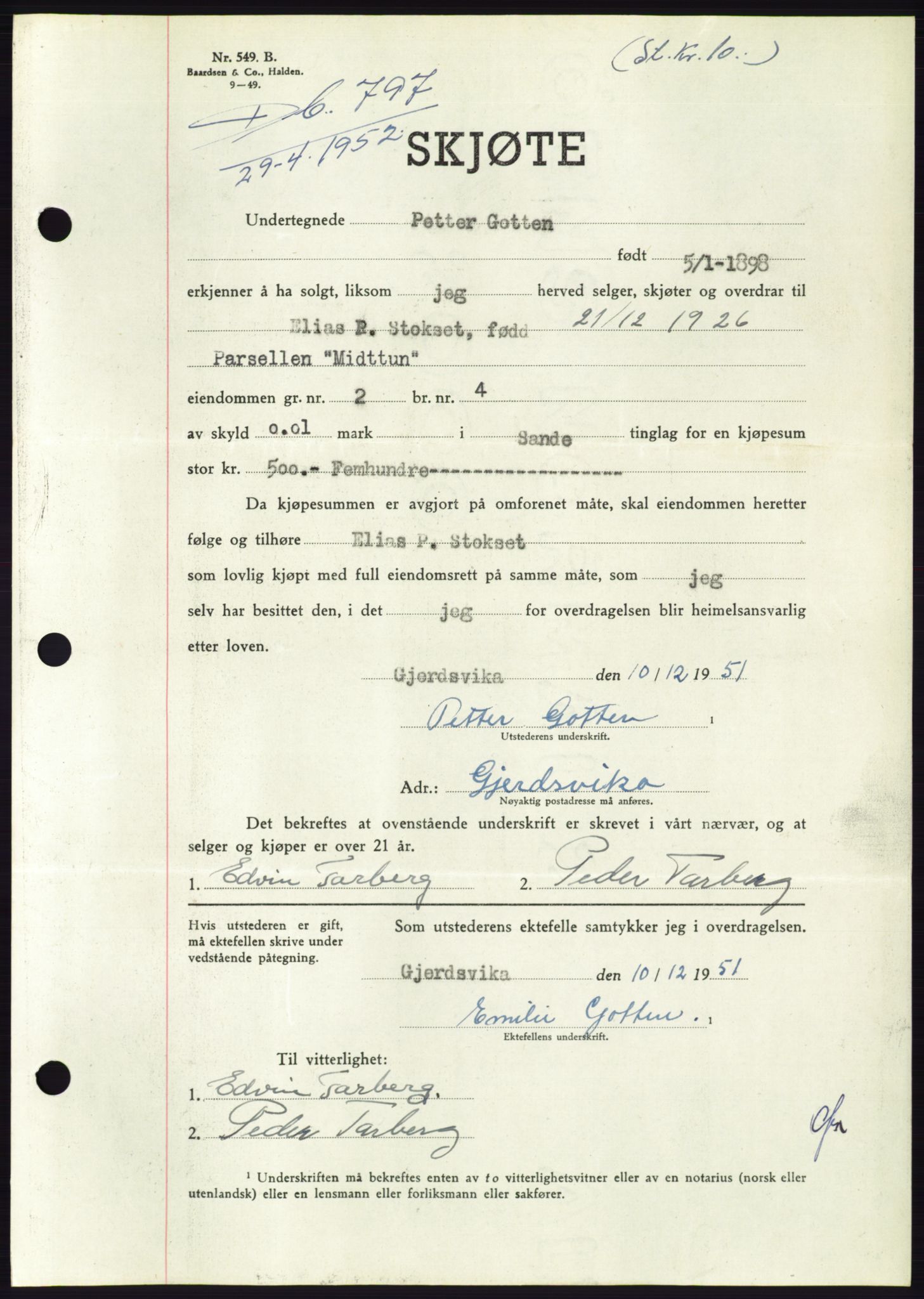 Søre Sunnmøre sorenskriveri, AV/SAT-A-4122/1/2/2C/L0092: Mortgage book no. 18A, 1952-1952, Diary no: : 797/1952