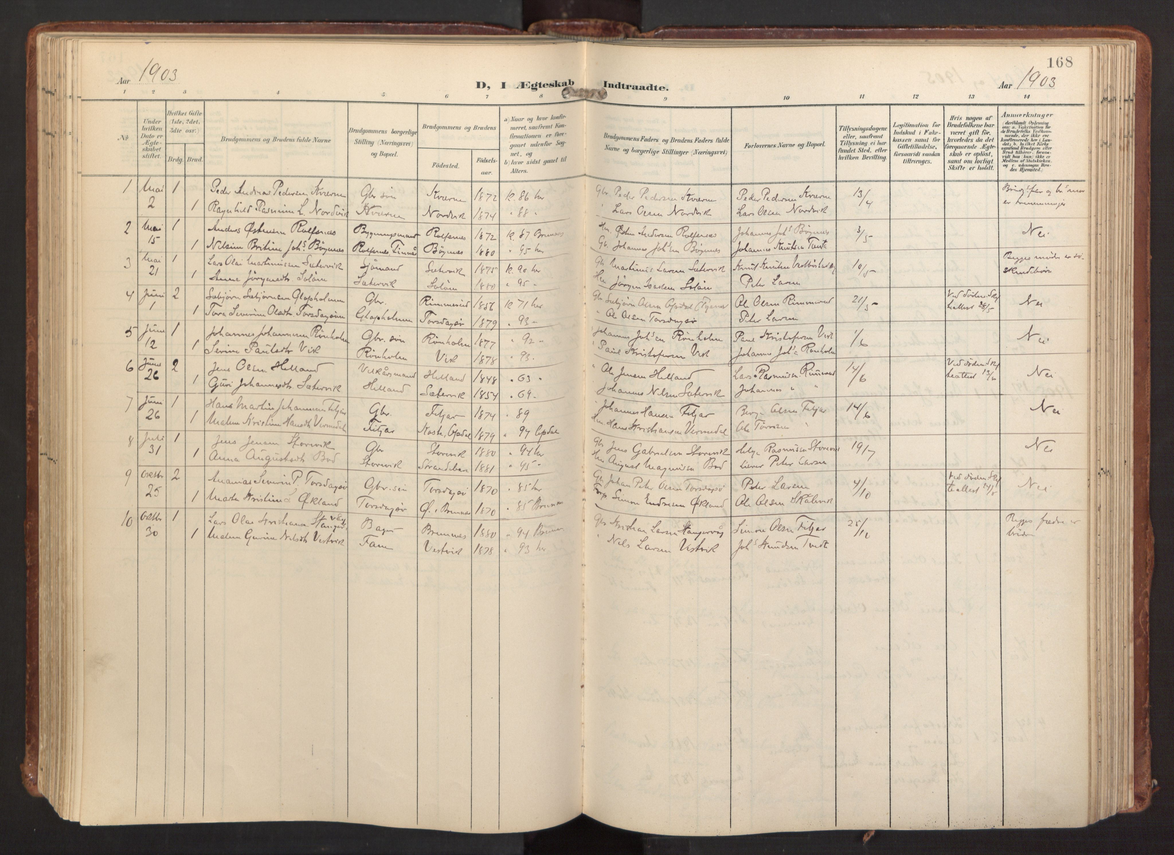Fitjar sokneprestembete, SAB/A-99926: Parish register (official) no. A 3, 1900-1918, p. 168