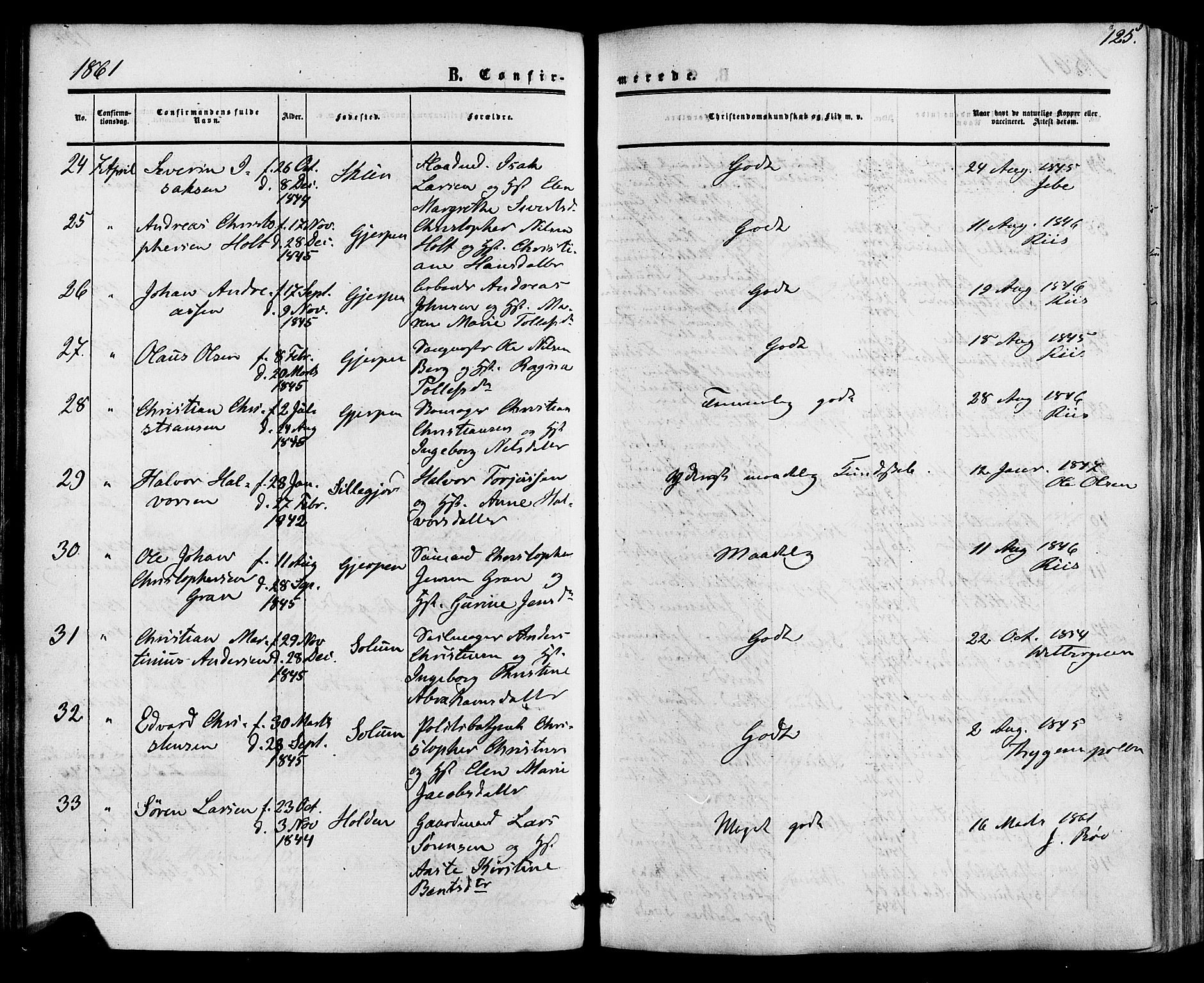 Skien kirkebøker, SAKO/A-302/F/Fa/L0007: Parish register (official) no. 7, 1856-1865, p. 125