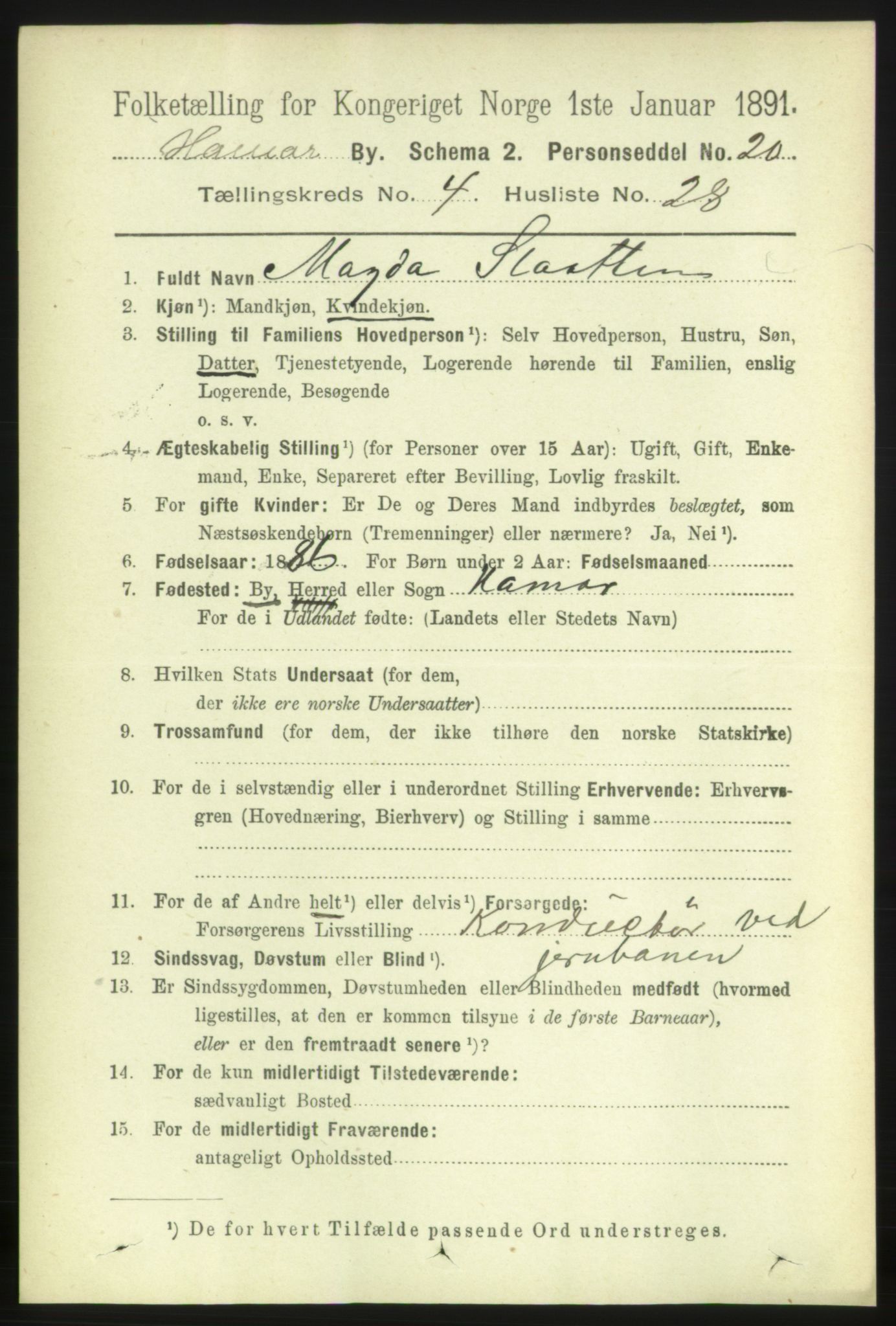 RA, 1891 census for 0401 Hamar, 1891, p. 3337