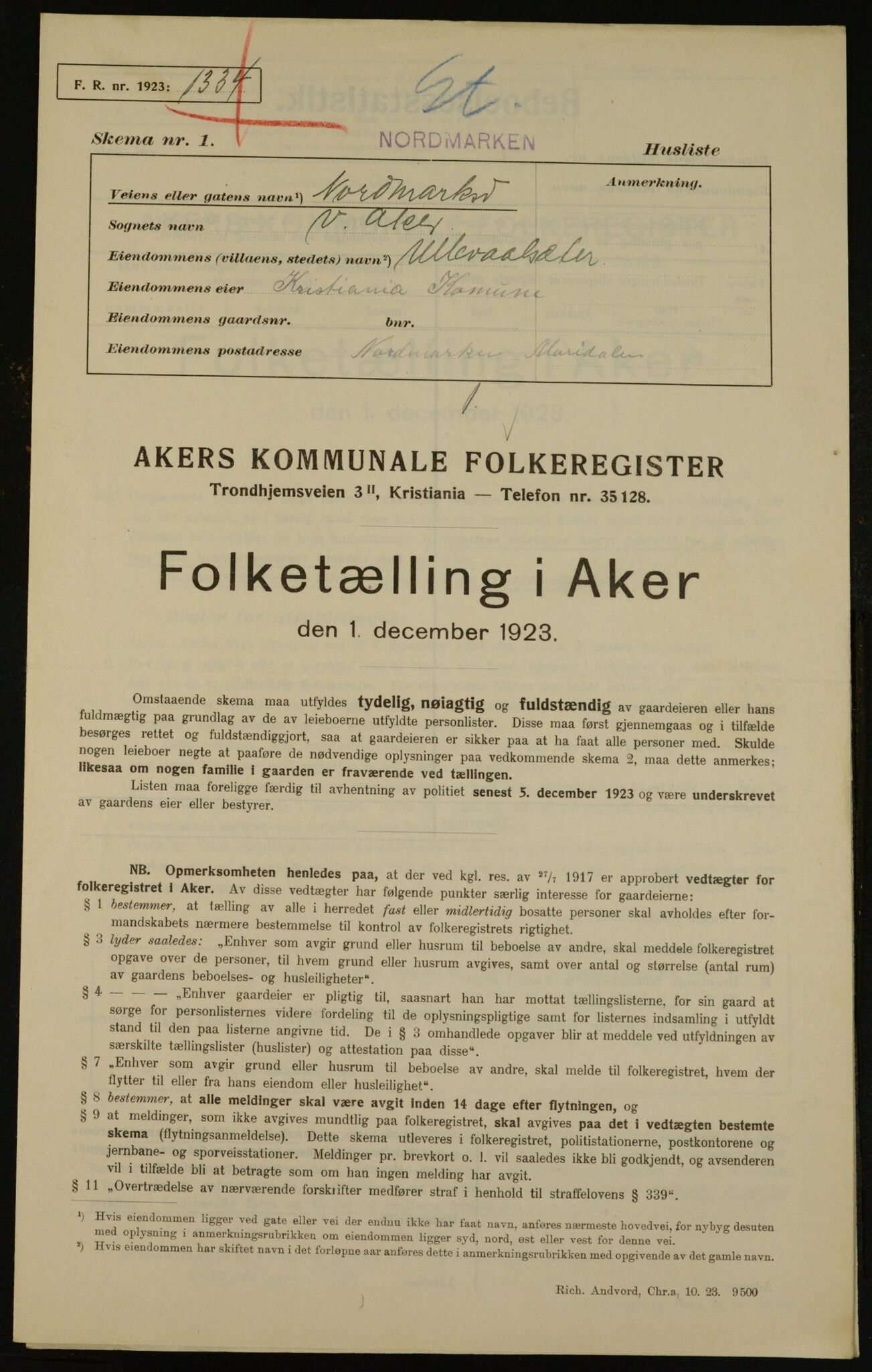 , Municipal Census 1923 for Aker, 1923, p. 16112