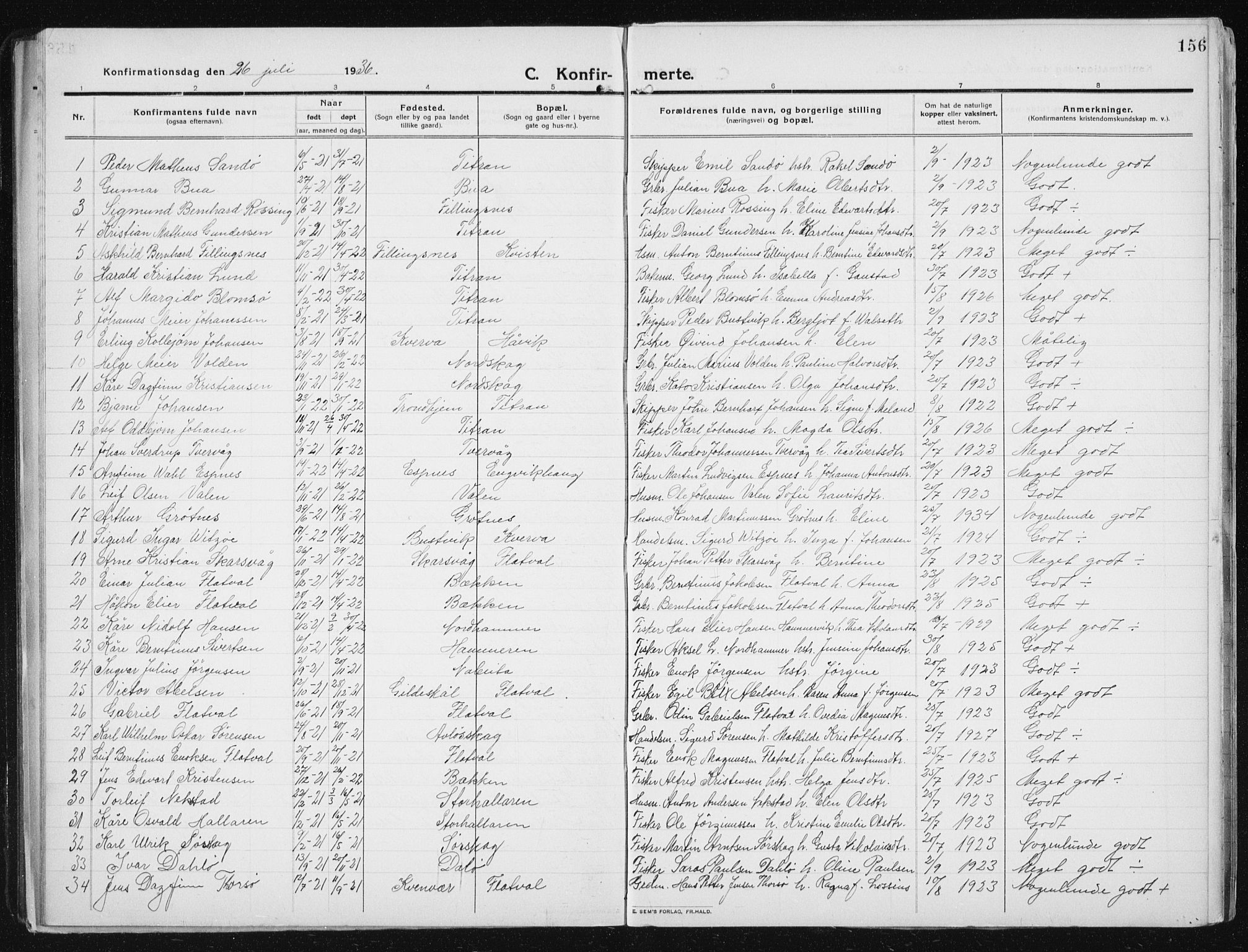 Ministerialprotokoller, klokkerbøker og fødselsregistre - Sør-Trøndelag, SAT/A-1456/641/L0599: Parish register (copy) no. 641C03, 1910-1938, p. 156