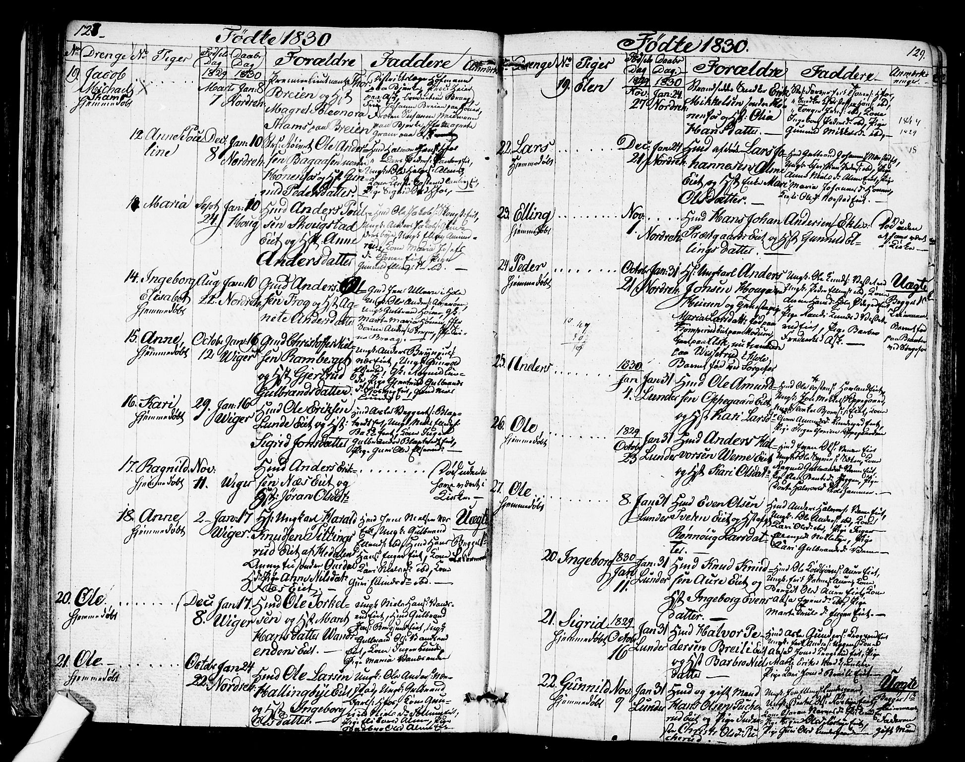 Norderhov kirkebøker, AV/SAKO-A-237/G/Ga/L0004: Parish register (copy) no. I 4, 1824-1849, p. 128-129