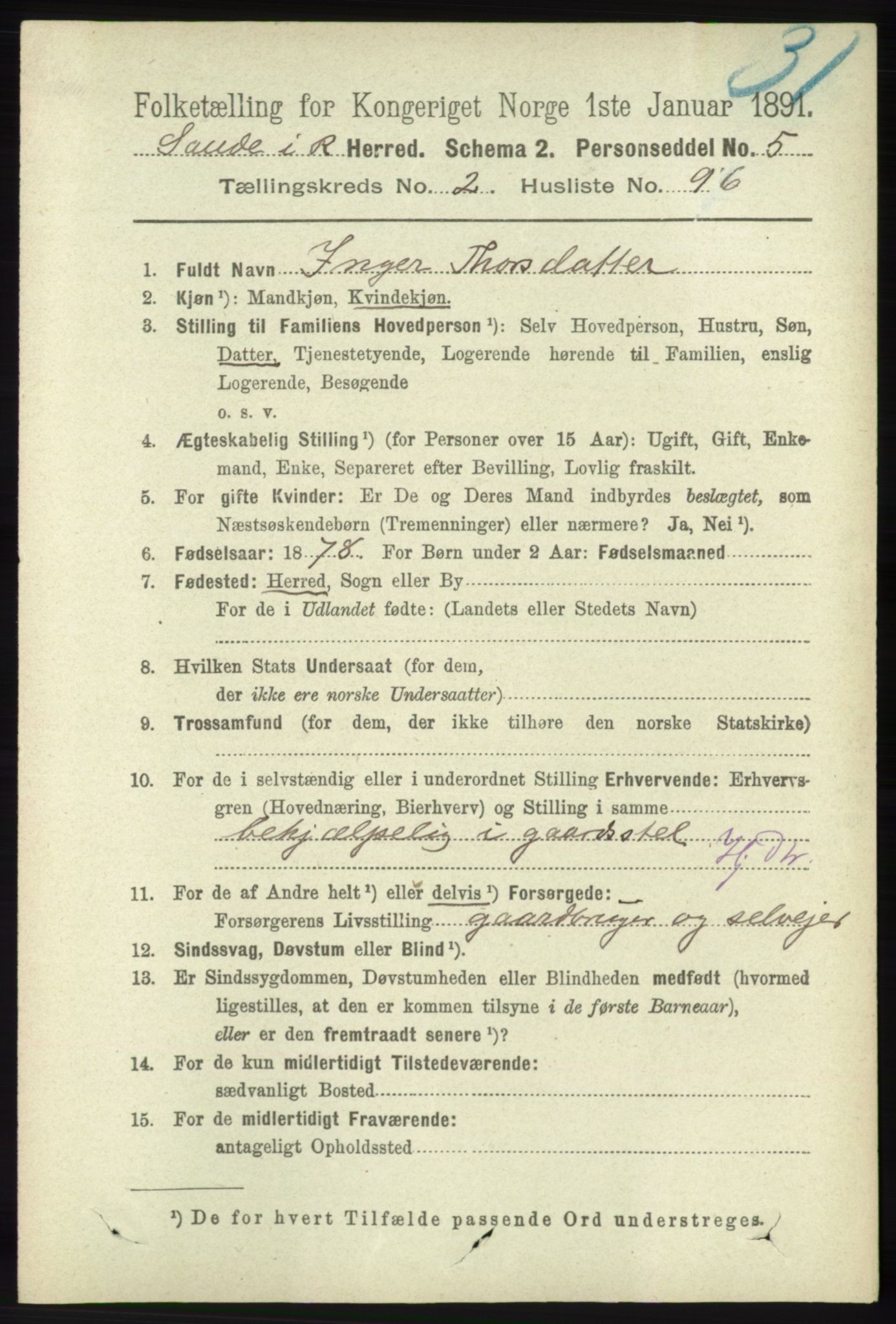 RA, 1891 census for 1135 Sauda, 1891, p. 1145