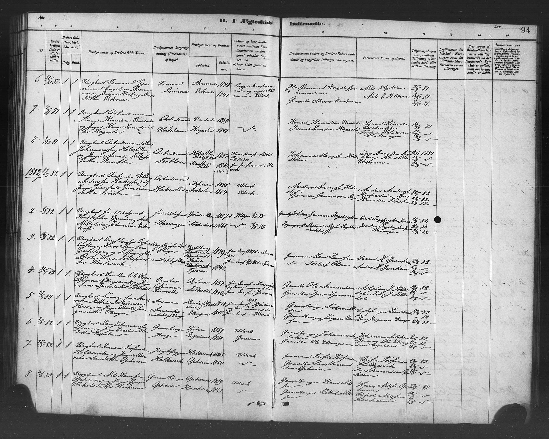 Ulvik sokneprestembete, SAB/A-78801/H/Haa: Parish register (official) no. B 1, 1878-1897, p. 94