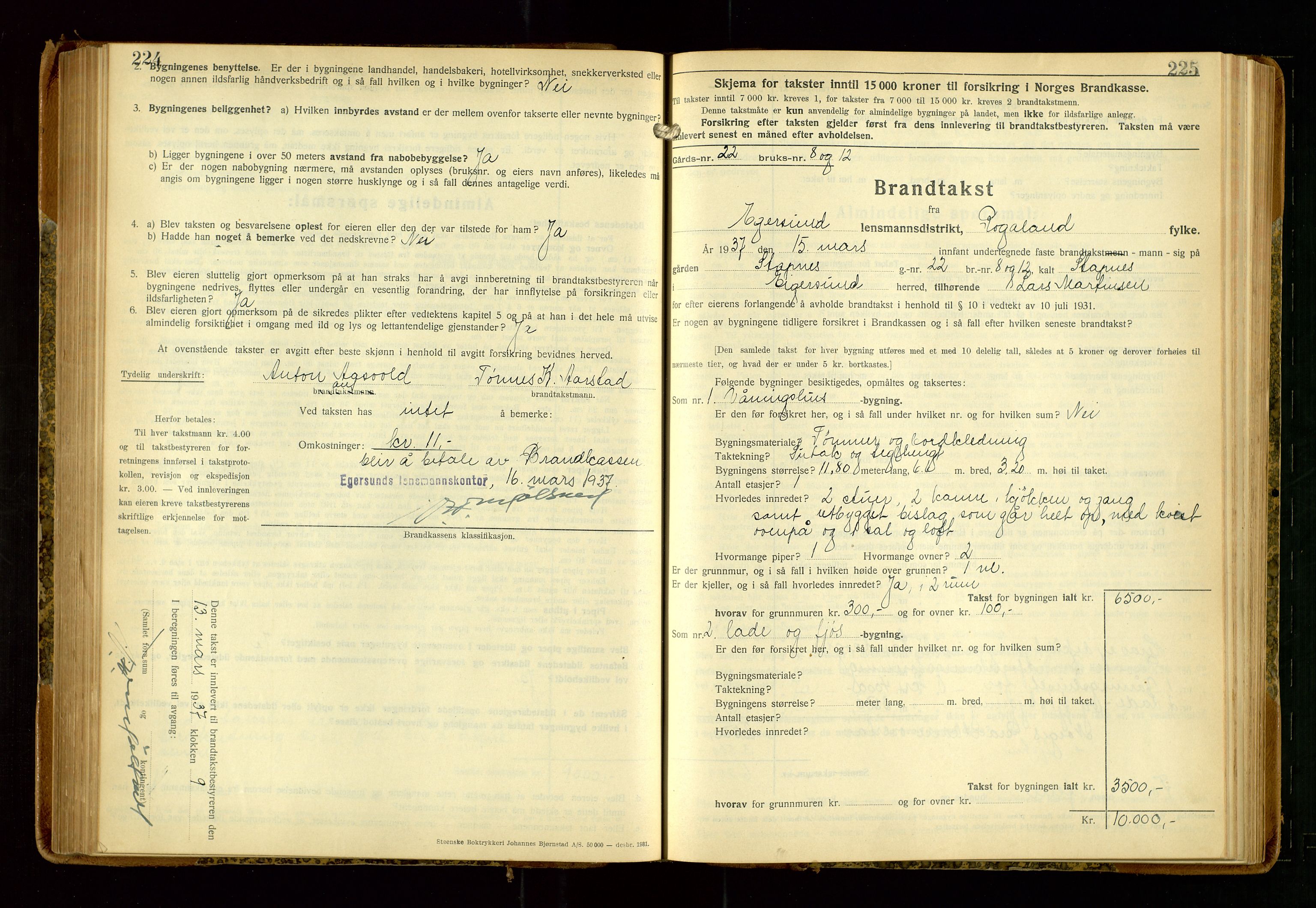 Eigersund lensmannskontor, AV/SAST-A-100171/Gob/L0006: "Brandtakstprotokoll", 1934-1938, p. 224-225