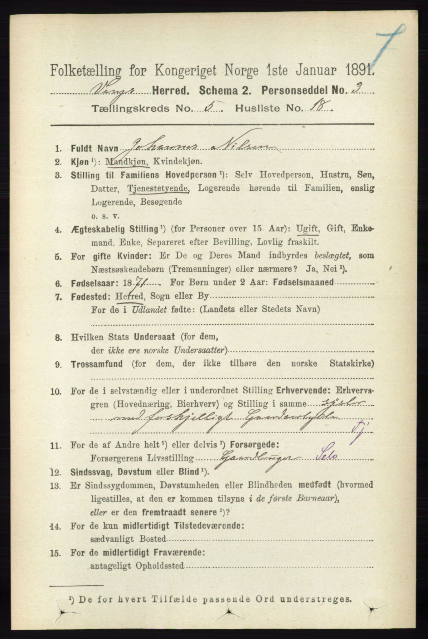 RA, 1891 census for 0414 Vang, 1891, p. 3595