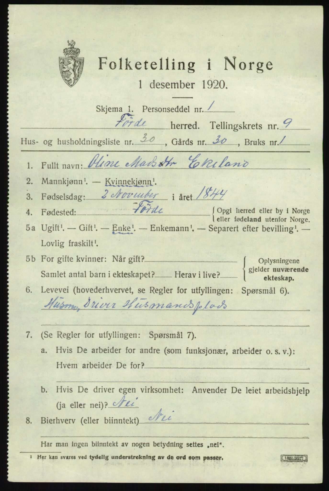 SAB, 1920 census for Førde, 1920, p. 3642
