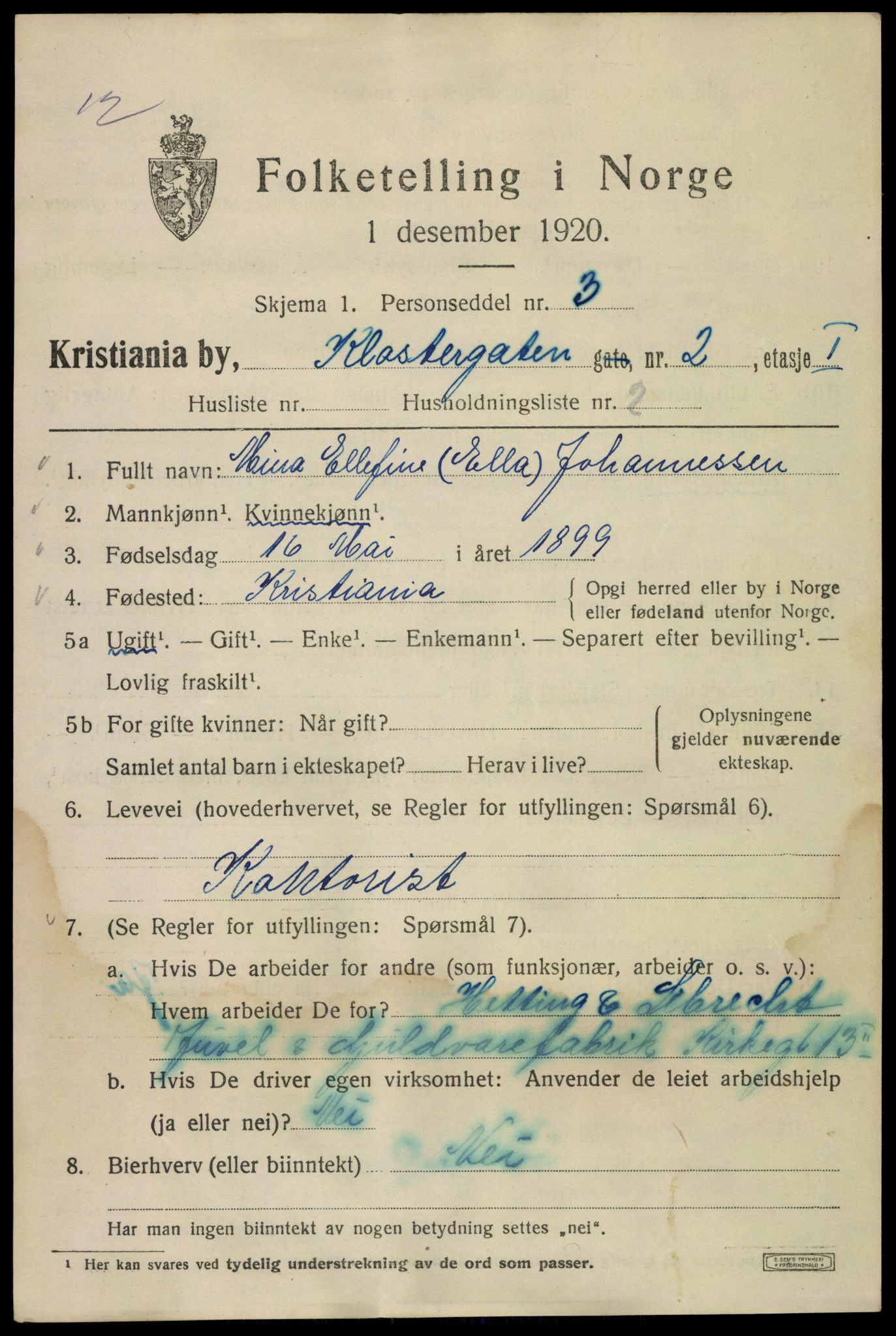 SAO, 1920 census for Kristiania, 1920, p. 344979