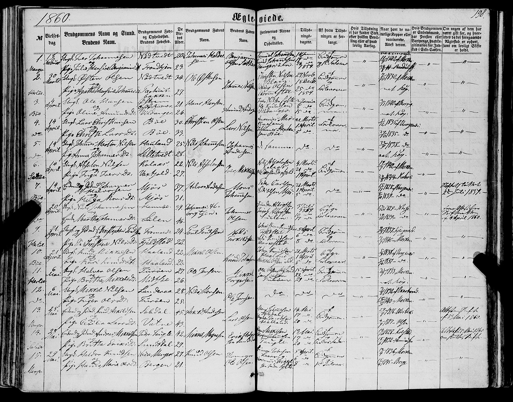 Manger sokneprestembete, SAB/A-76801/H/Haa: Parish register (official) no. A 7, 1860-1870, p. 198