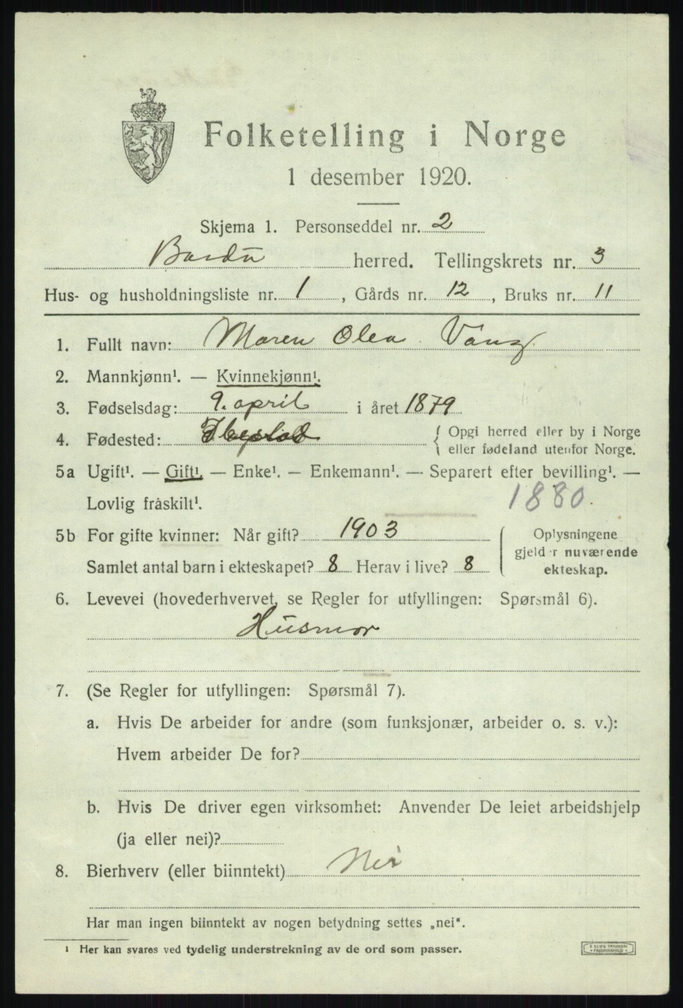 SATØ, 1920 census for Bardu, 1920, p. 1159