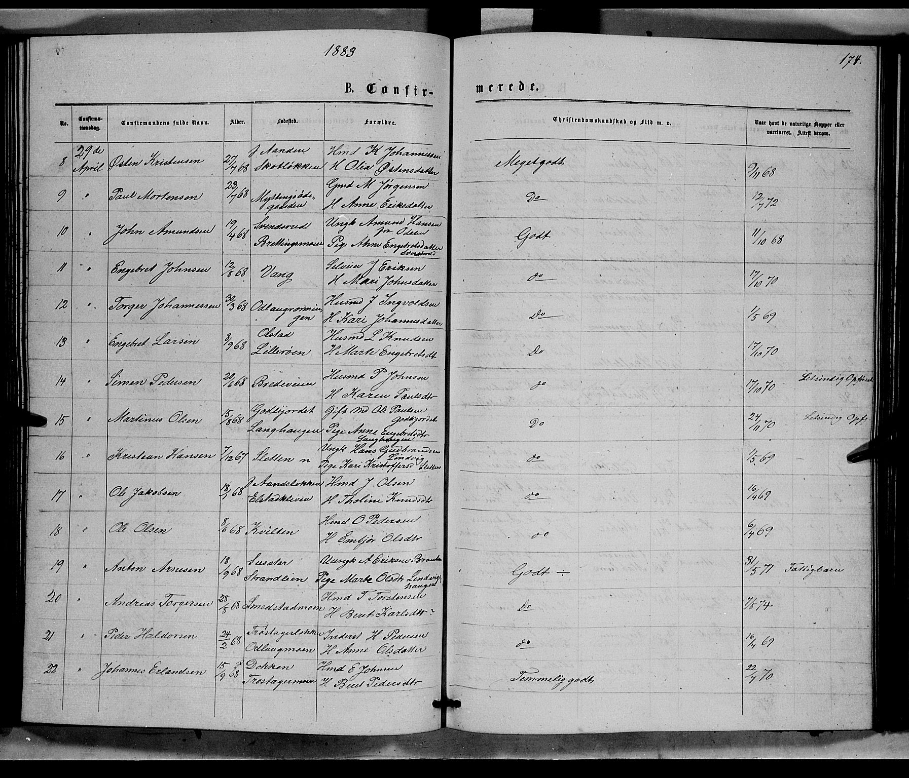 Ringebu prestekontor, SAH/PREST-082/H/Ha/Hab/L0006: Parish register (copy) no. 6, 1880-1898, p. 174
