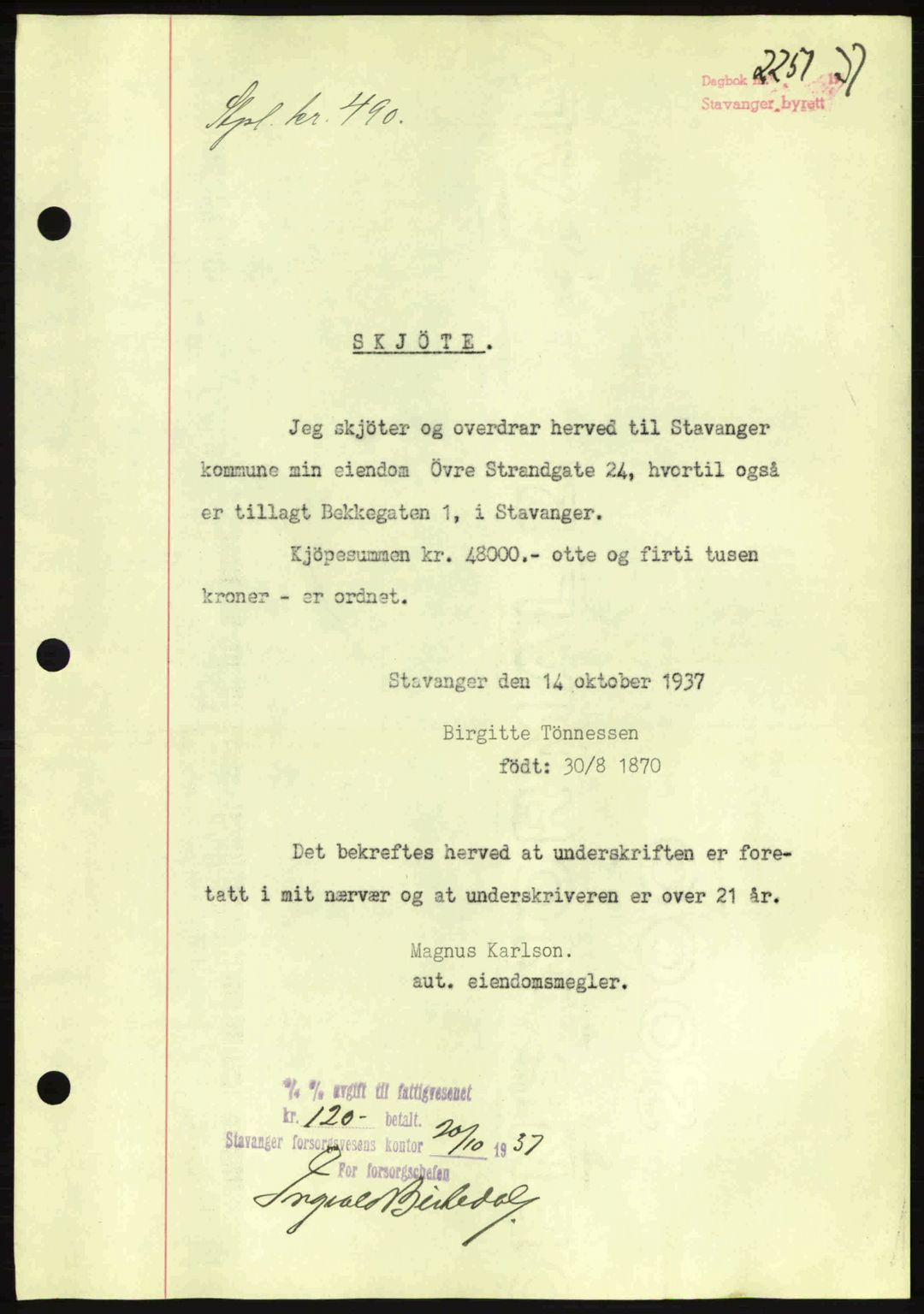 Stavanger byrett, AV/SAST-A-100455/002/G/Gb/L0013: Mortgage book no. A3, 1937-1938, Diary no: : 2251/1937