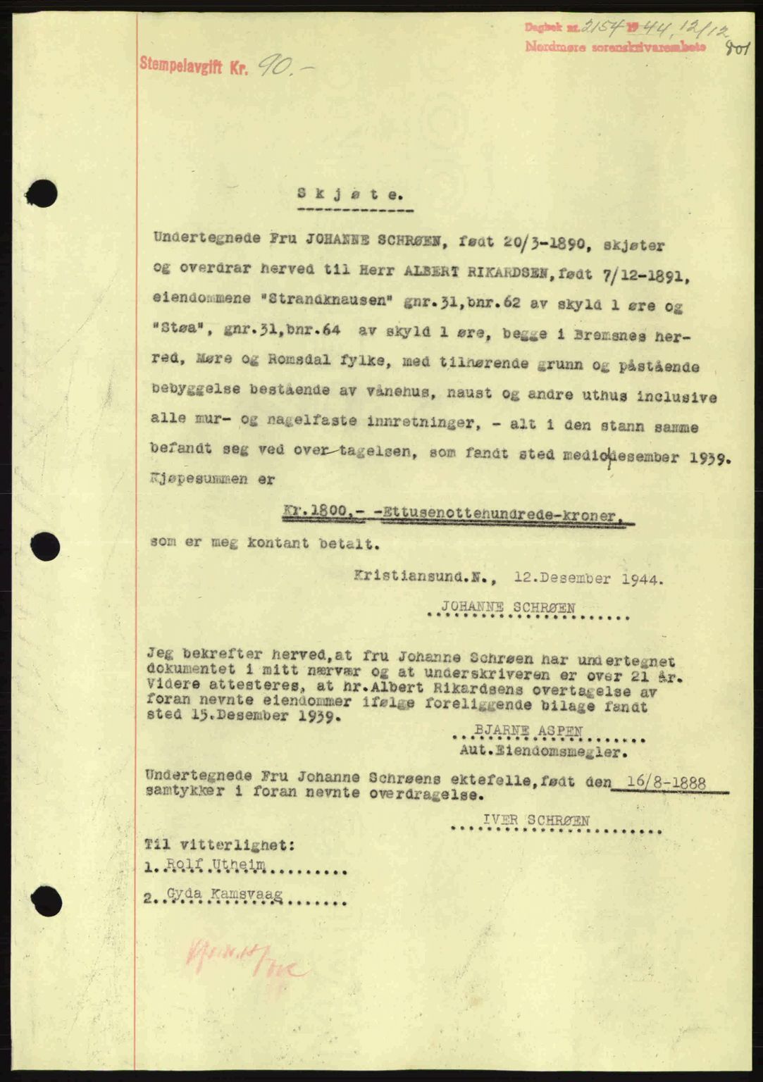 Nordmøre sorenskriveri, AV/SAT-A-4132/1/2/2Ca: Mortgage book no. A98, 1944-1944, Diary no: : 2154/1944